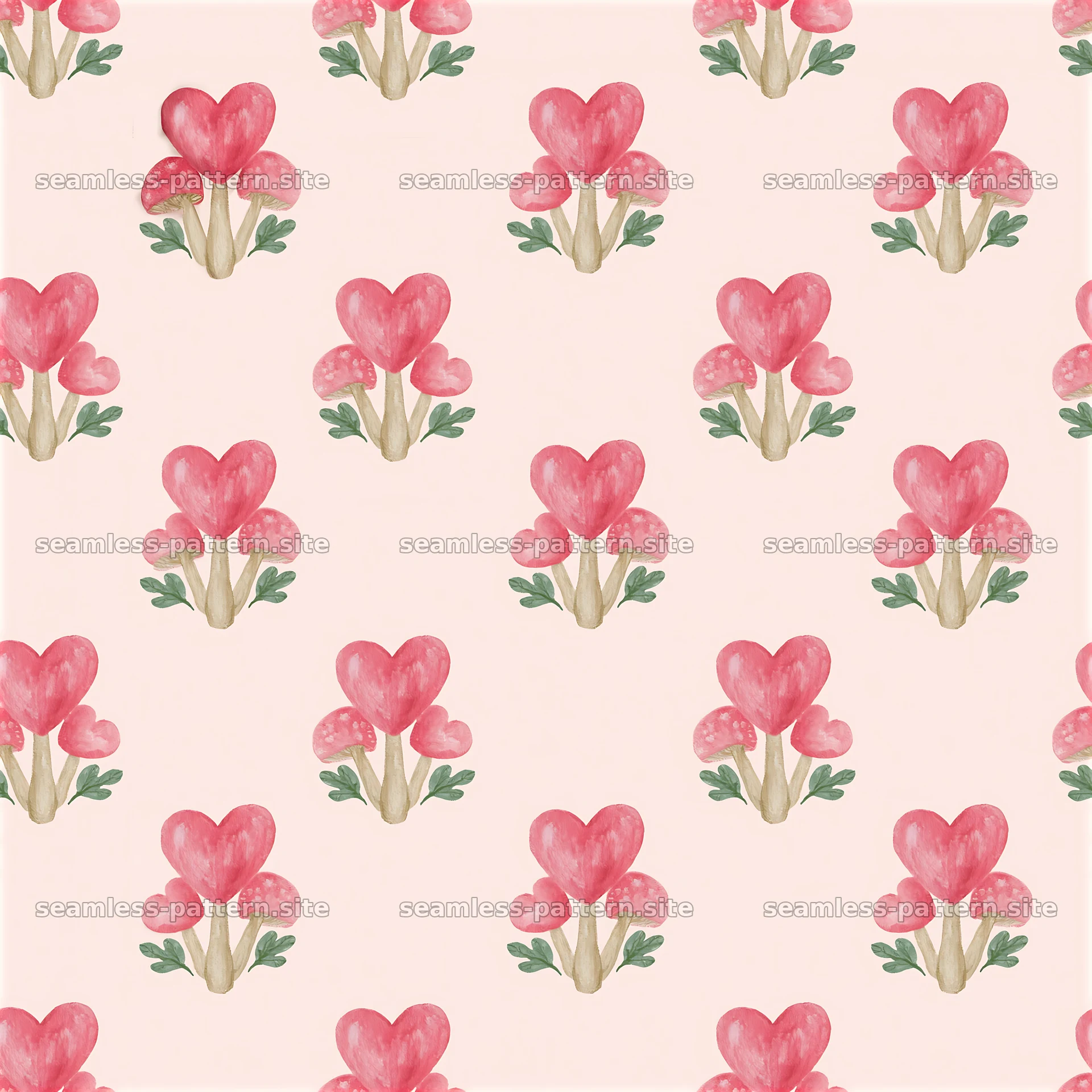 Heart mushrooms repeating pattern on pink background — seamless tileable pattern at 8192x8192