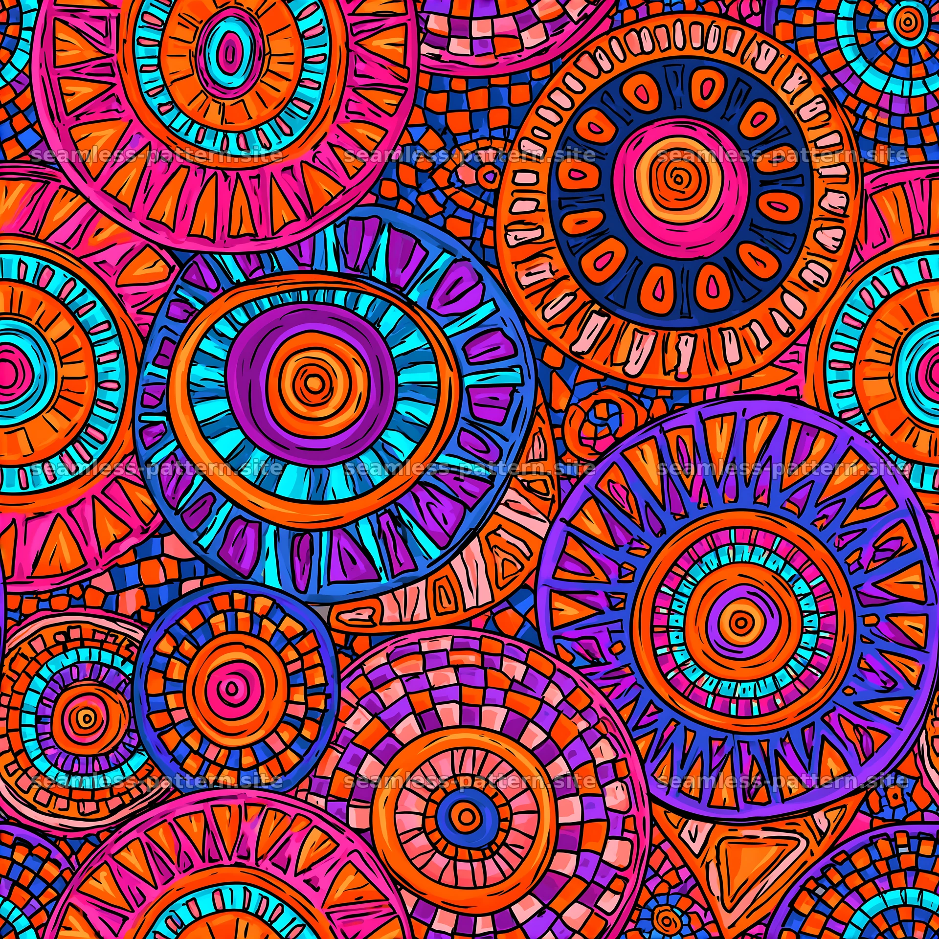 Funky geometric tileable pattern with circular motifs in bright colors — seamless tileable pattern at 8192x8192