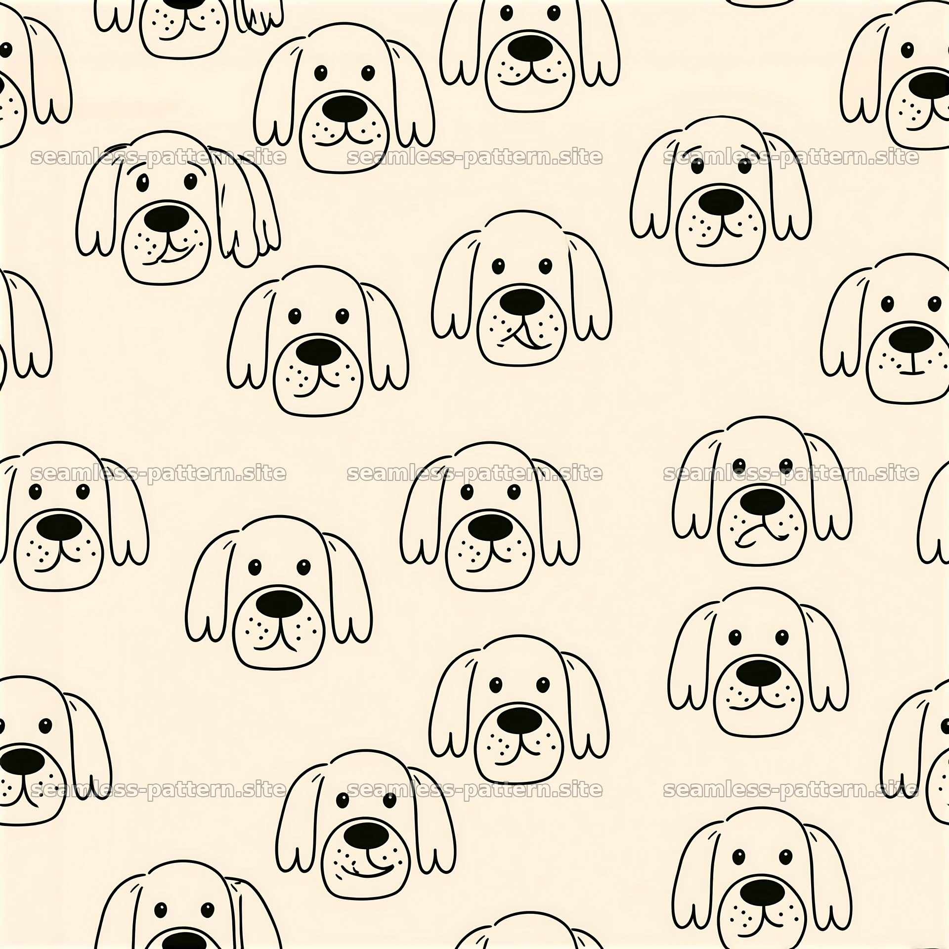 Repeating pattern with cartoon canine faces in simple black line art — seamless tileable pattern at 8192x8192