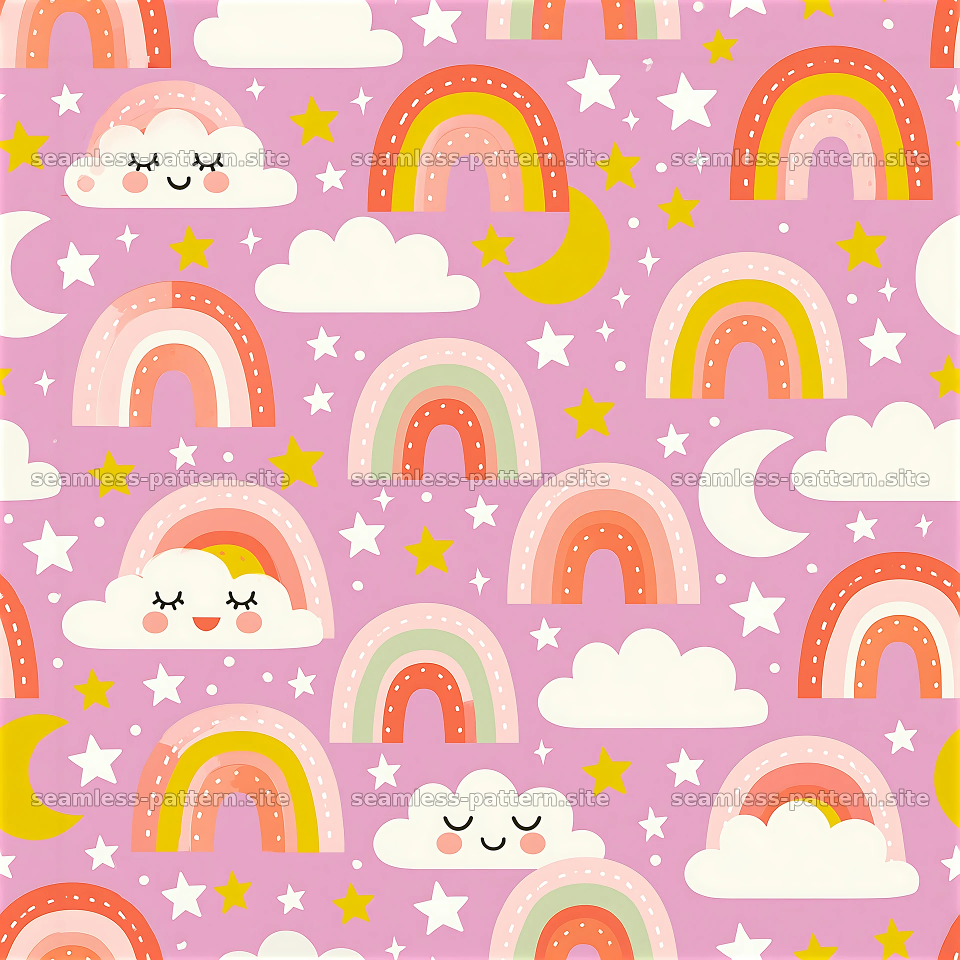 Colorful rainbows and clouds create a playful seamless pattern — seamless tileable pattern at 8192x8192