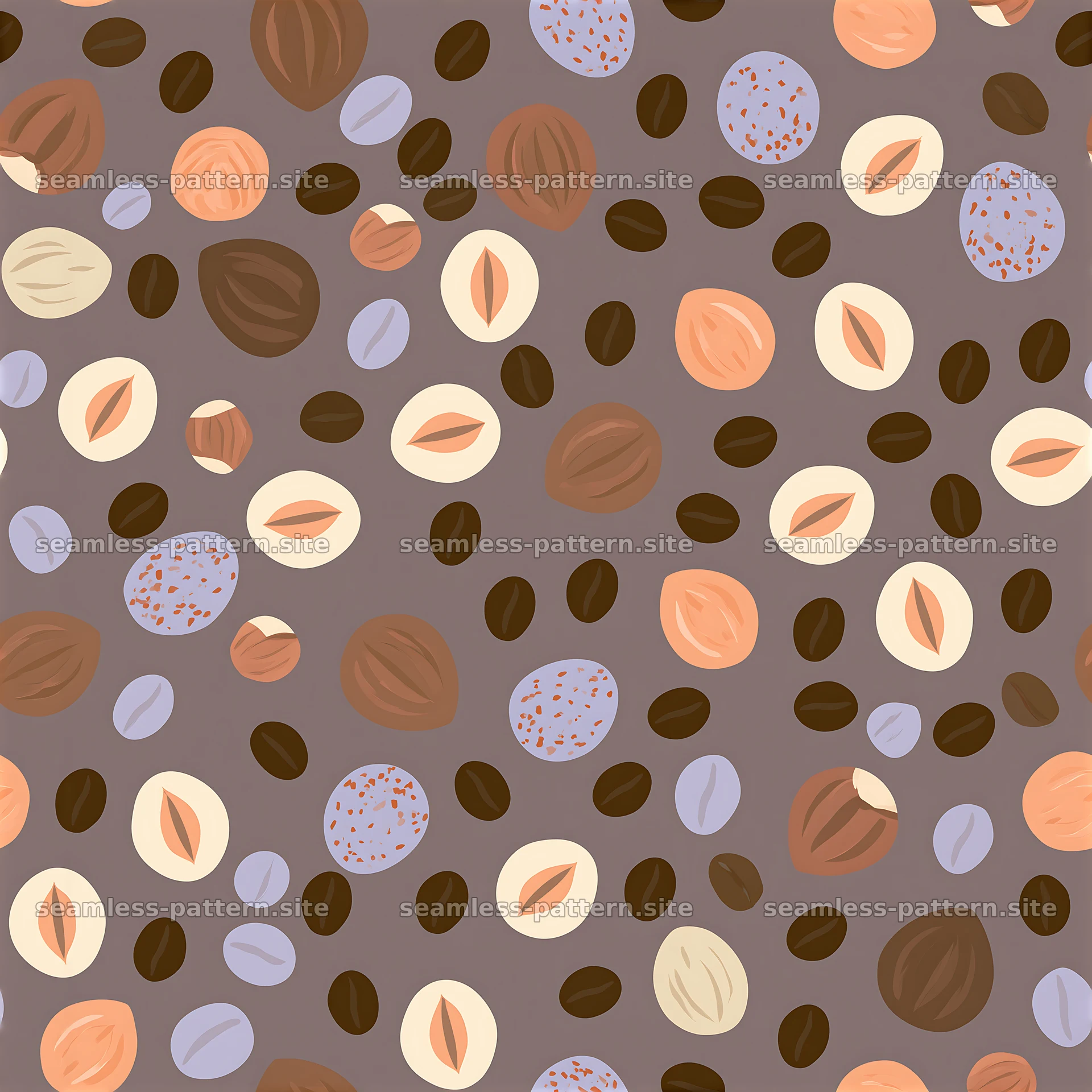 Seamless coffee beans and hazelnuts pattern with varied shapes — seamless tileable pattern at 8192x8192