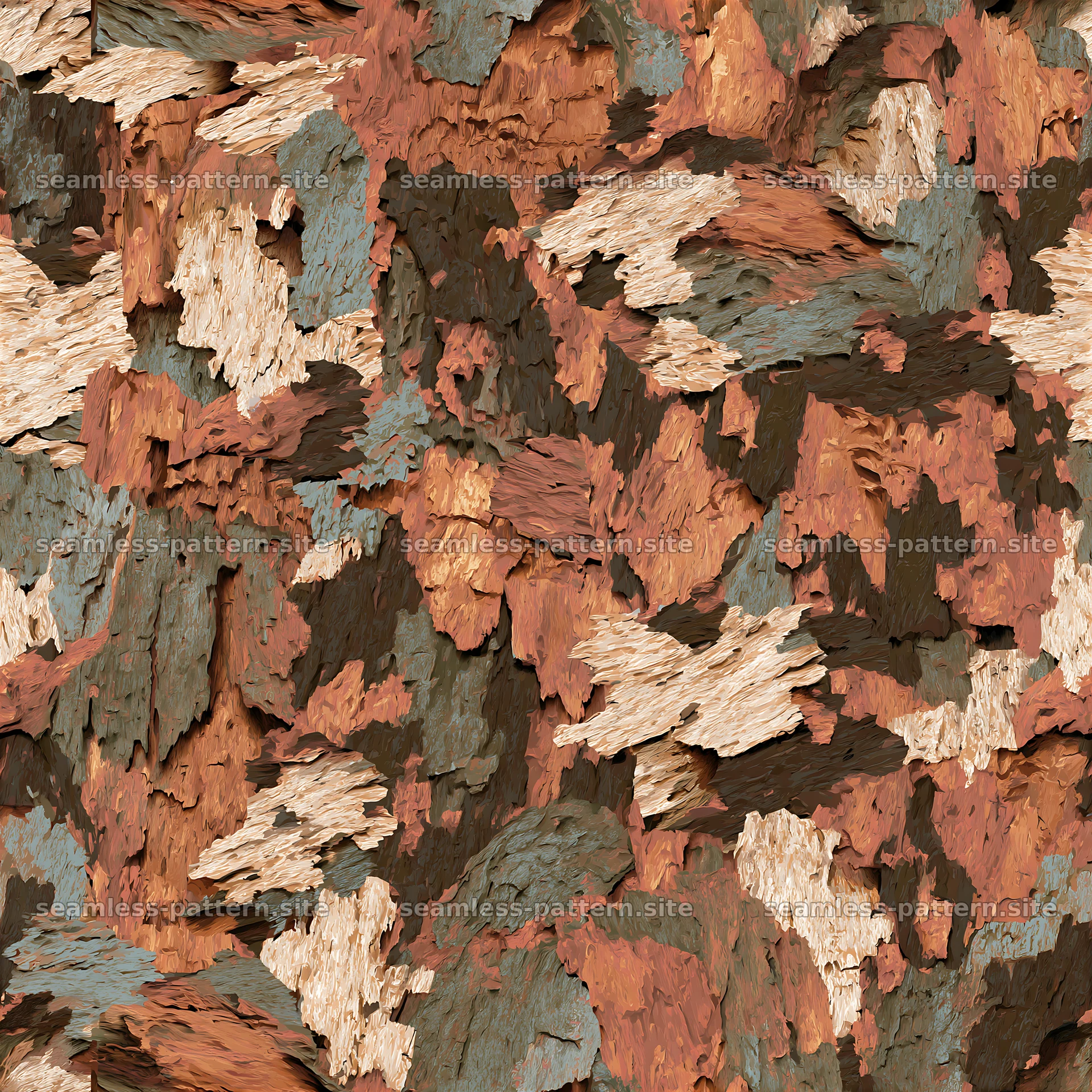 Seamless bark camouflage pattern with earthy tones and varied textures — seamless tileable pattern at 8192x8192