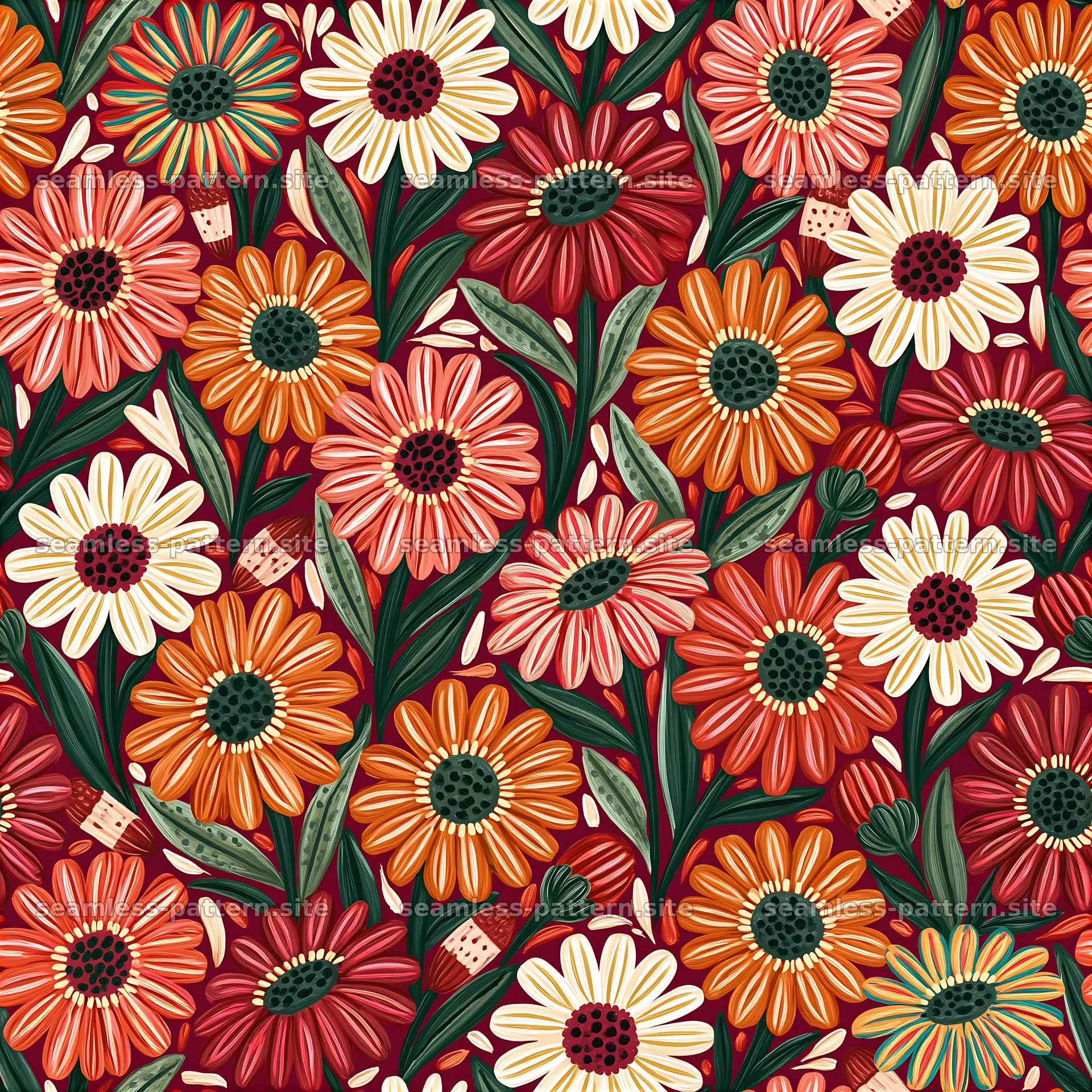 Vibrant flowers in a seamless pattern with leaves on a dark background — seamless tileable pattern at 8192x8192