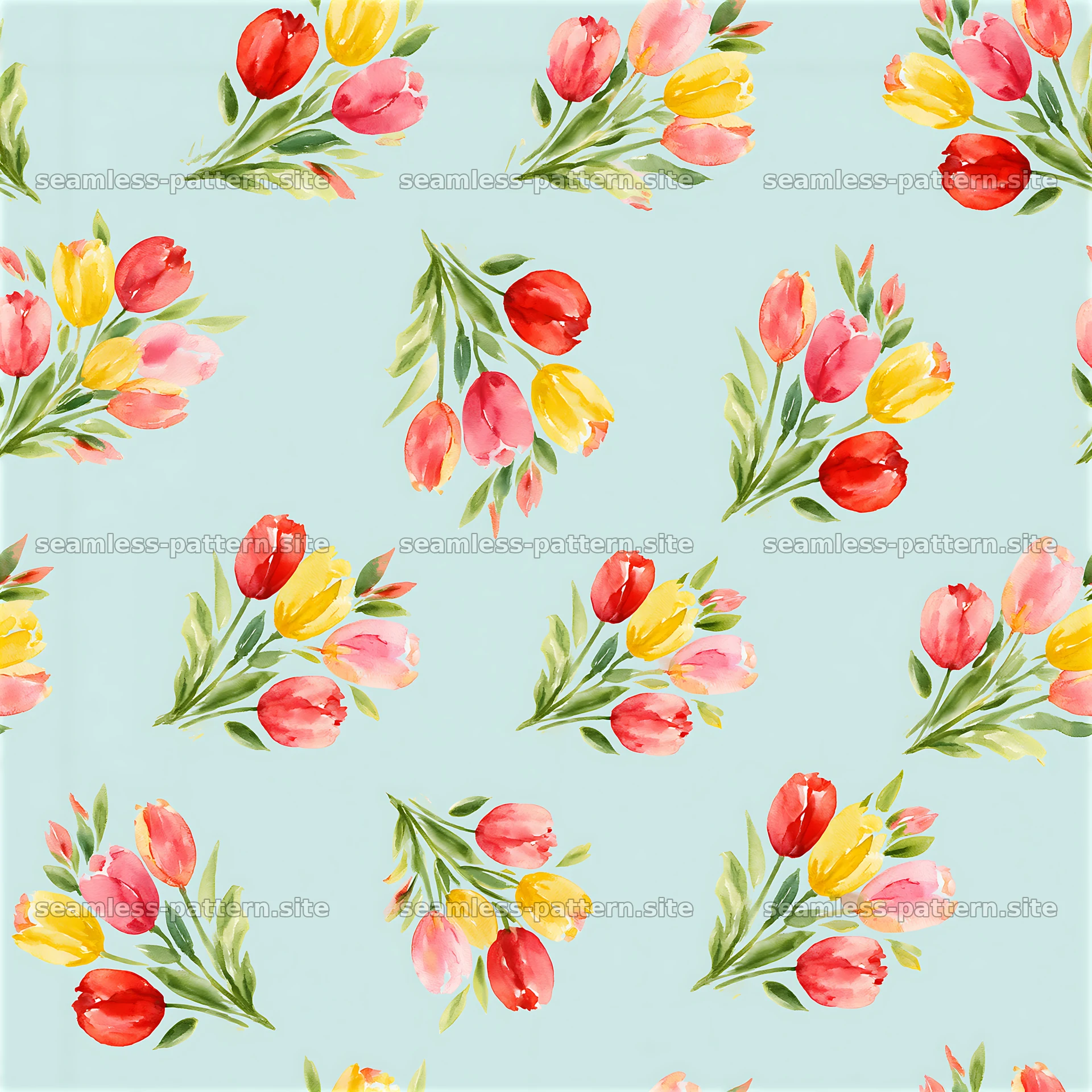 repeat watercolor tulip pattern in bright hues on light blue background — seamless tileable pattern at 8192x8192