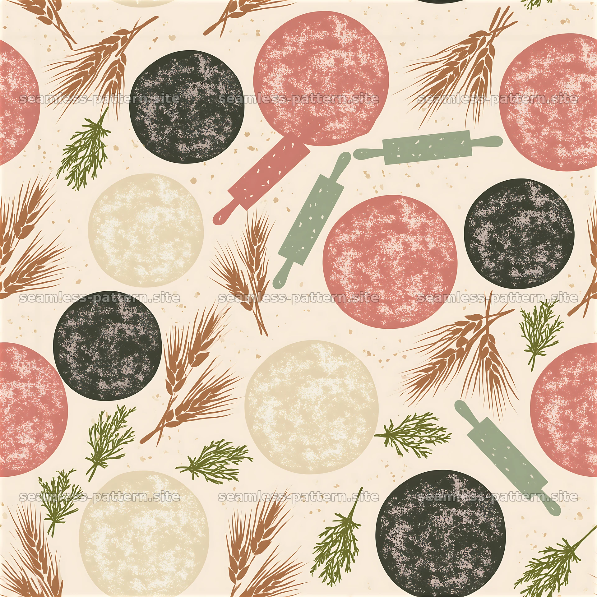 Circle and rolling pin design in soft colors for kitchen themes — seamless tileable pattern at 8192x8192