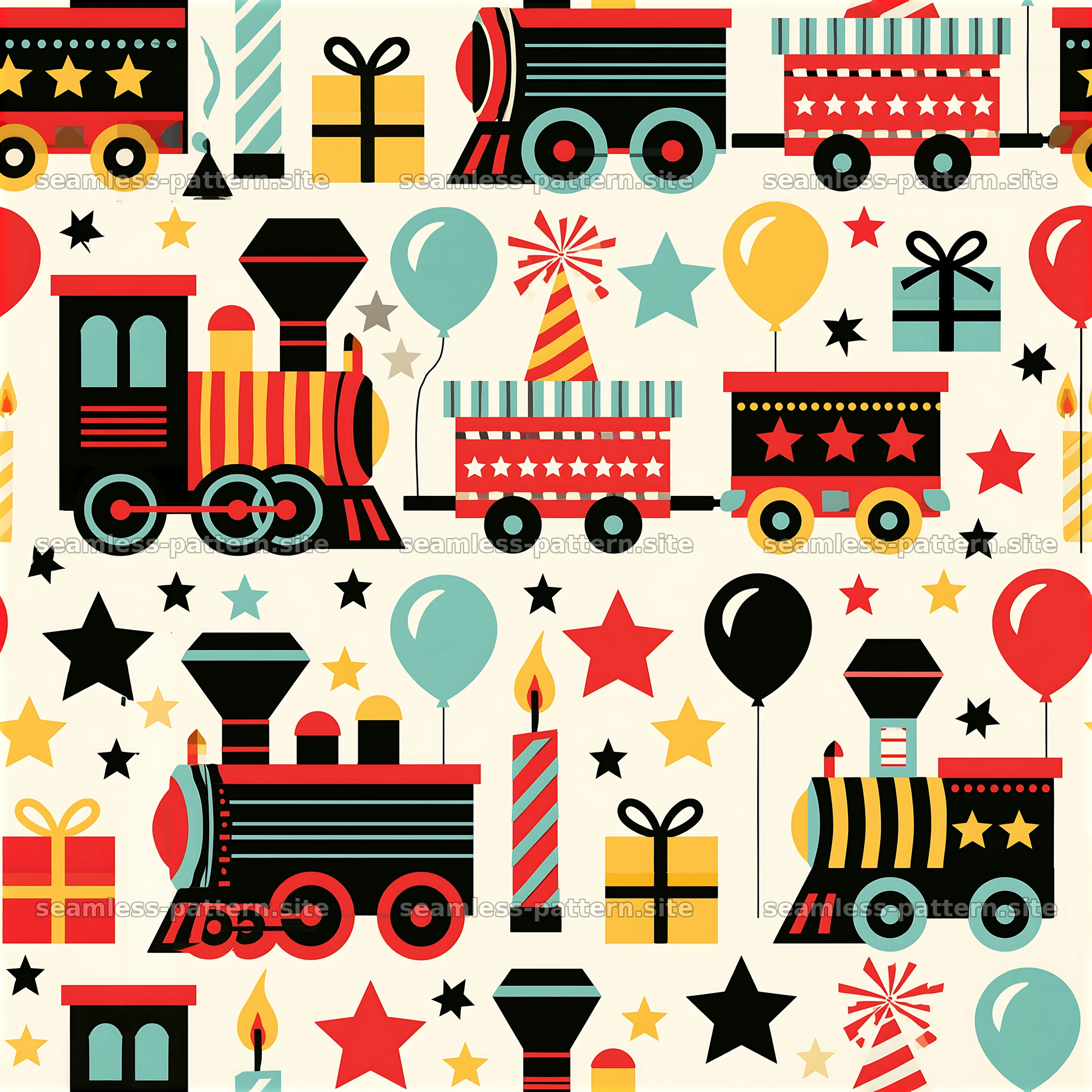 Birthday trains seamless pattern for festive celebrations — seamless tileable pattern at 8192x8192