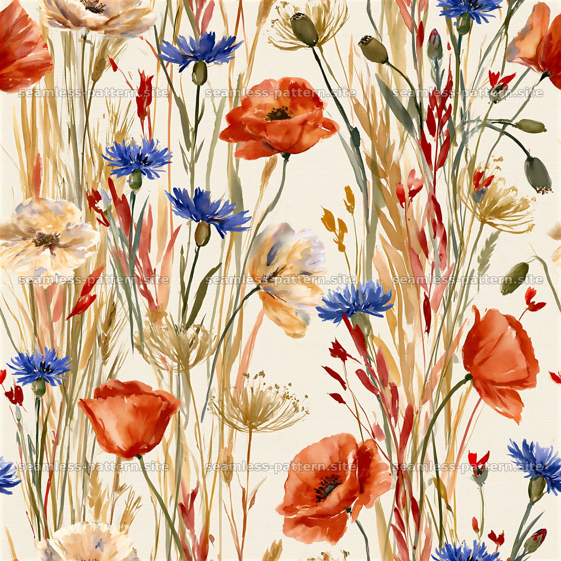 Watercolor floral repeating pattern with red and blue flowers — seamless tileable pattern at 8192x8192