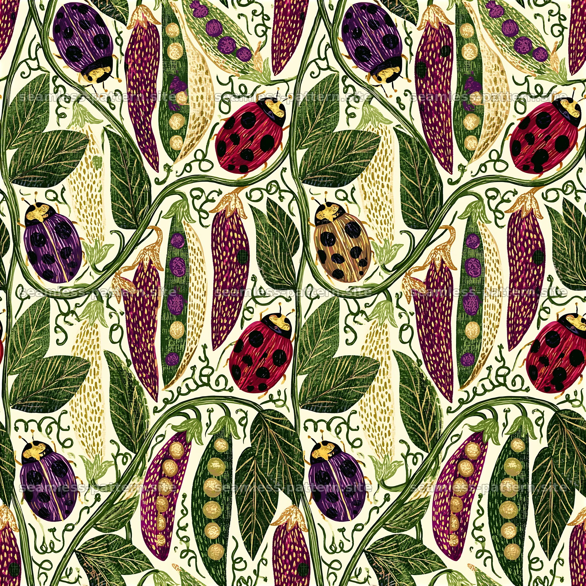 Colorful ladybug and plant seamless pattern design — seamless tileable pattern at 8192x8192