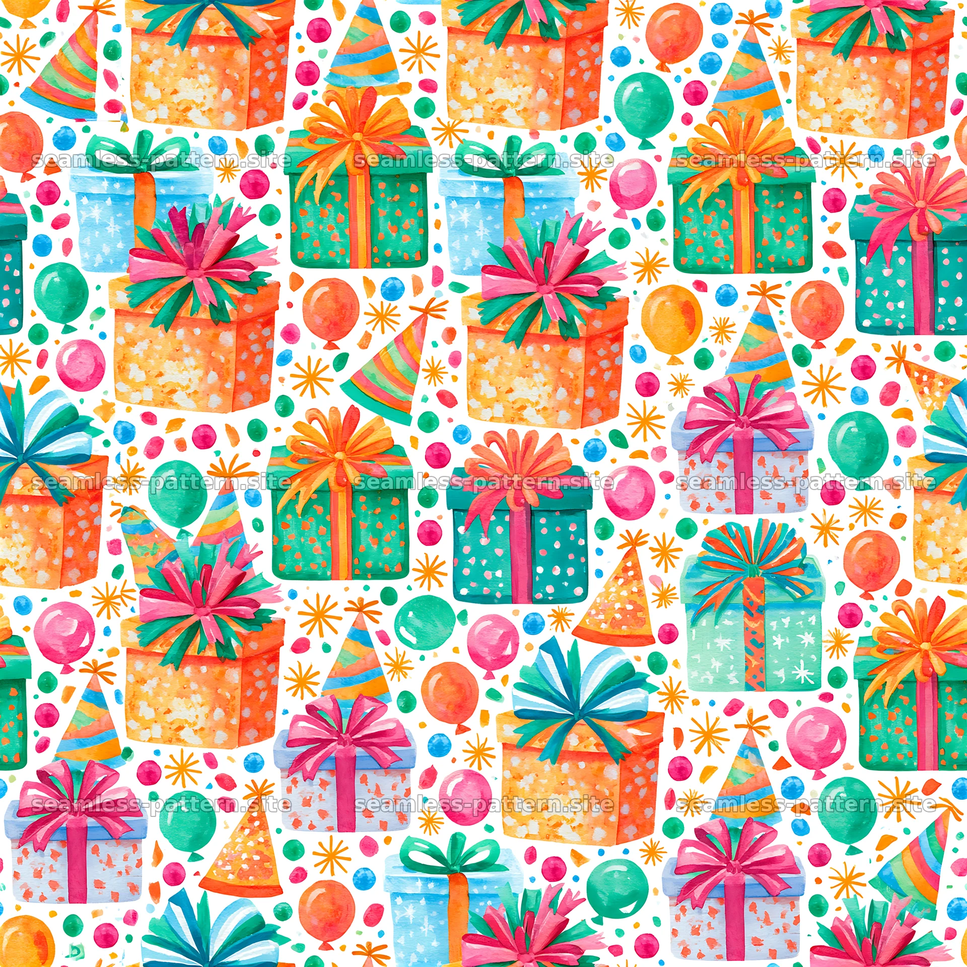 Birthday watercolor seamless pattern with gifts and festive elements — seamless tileable pattern at 8192x8192