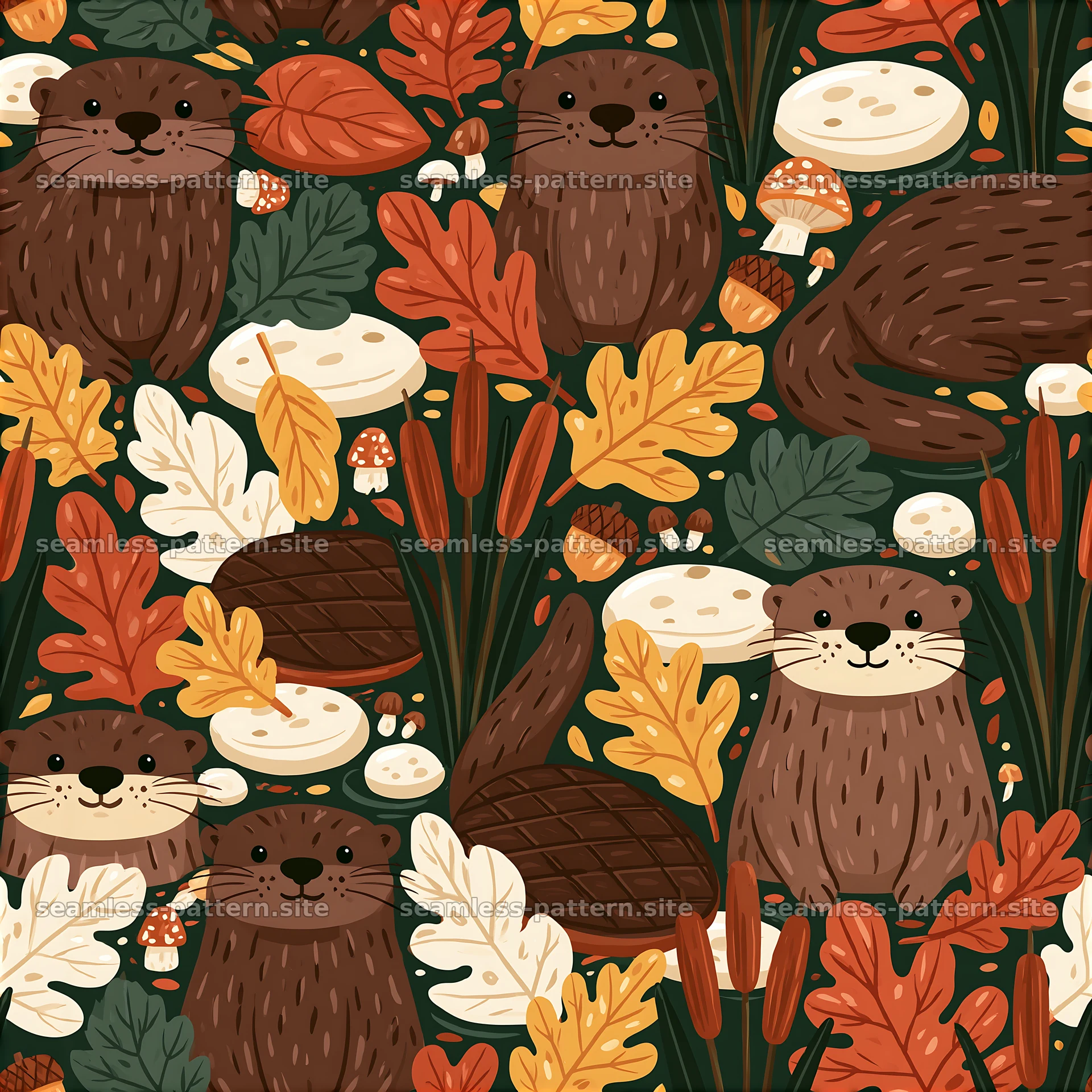 Cute otter autumn woodland seamless pattern — seamless tileable pattern at 8192x8192
