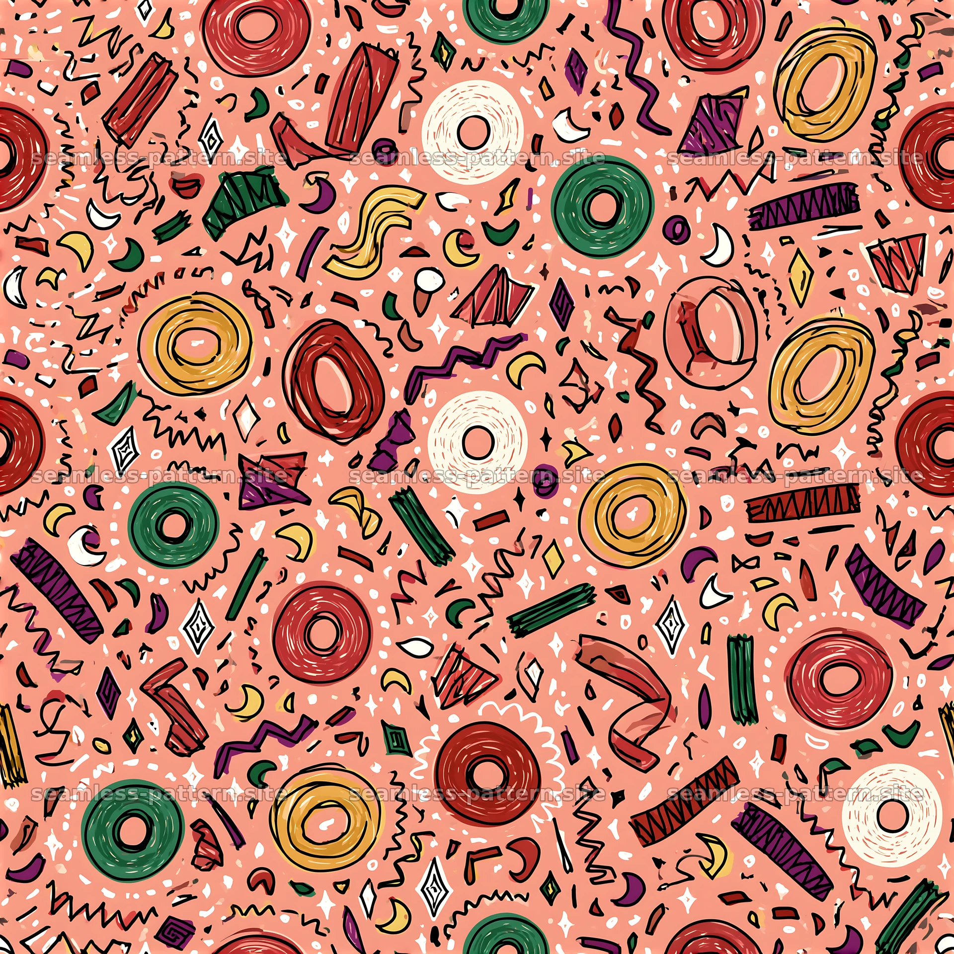Colorful abstract shapes and patterns in a seamless layout — seamless tileable pattern at 8192x8192