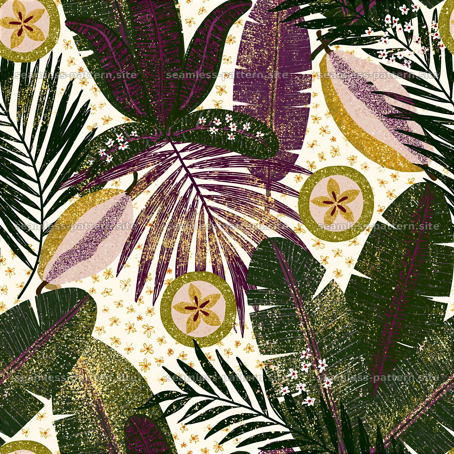 Colorful tropical botanical seamless pattern with exotic leaves — seamless tileable pattern at 8192x8192