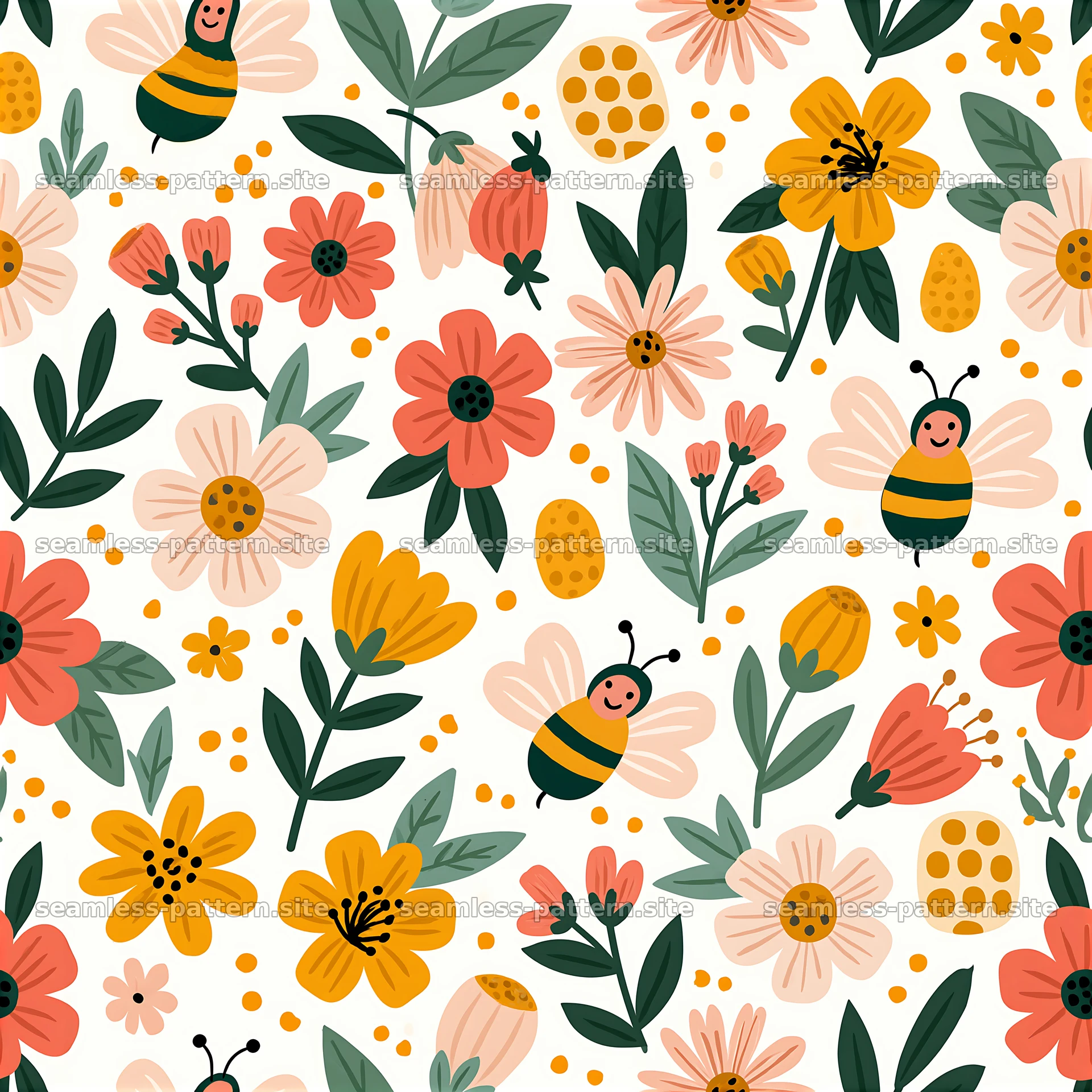 Cute nursery motifs seamless pattern with bees and flowers — seamless tileable pattern at 8192x8192