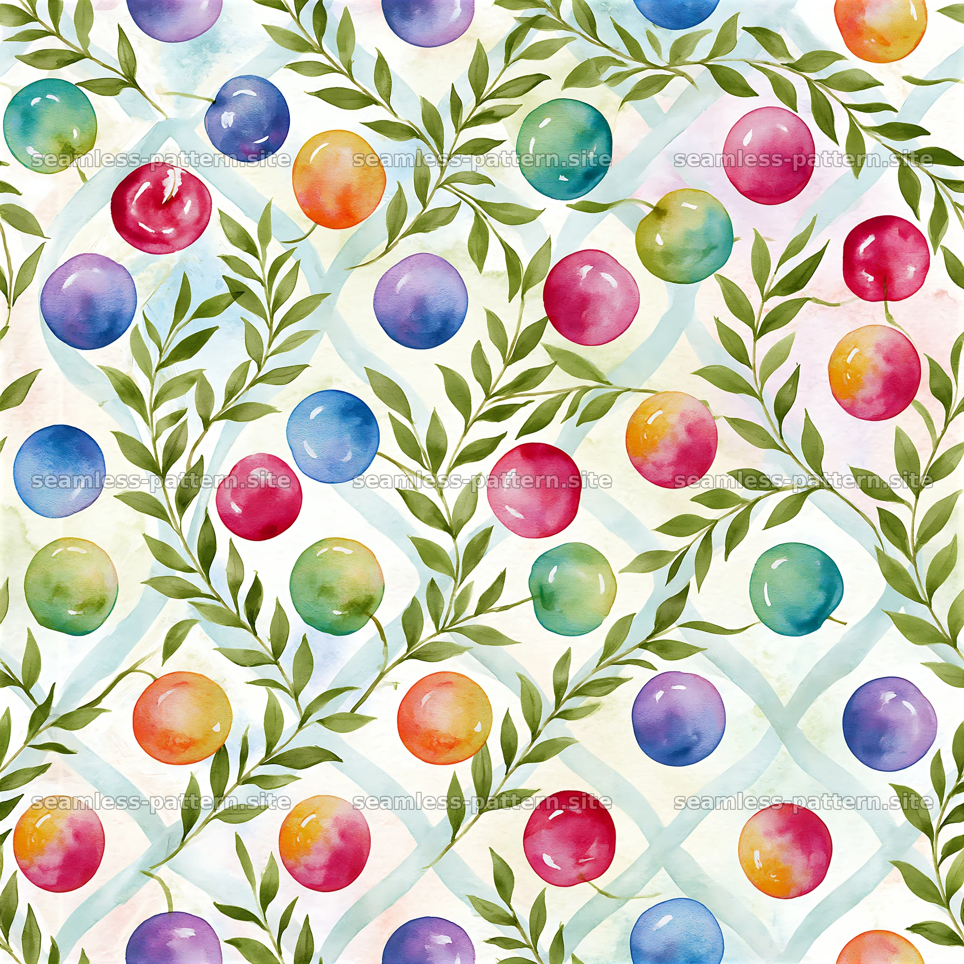 Rainbow cherries seamless pattern with colorful fruits and green — seamless tileable pattern at 8192x8192