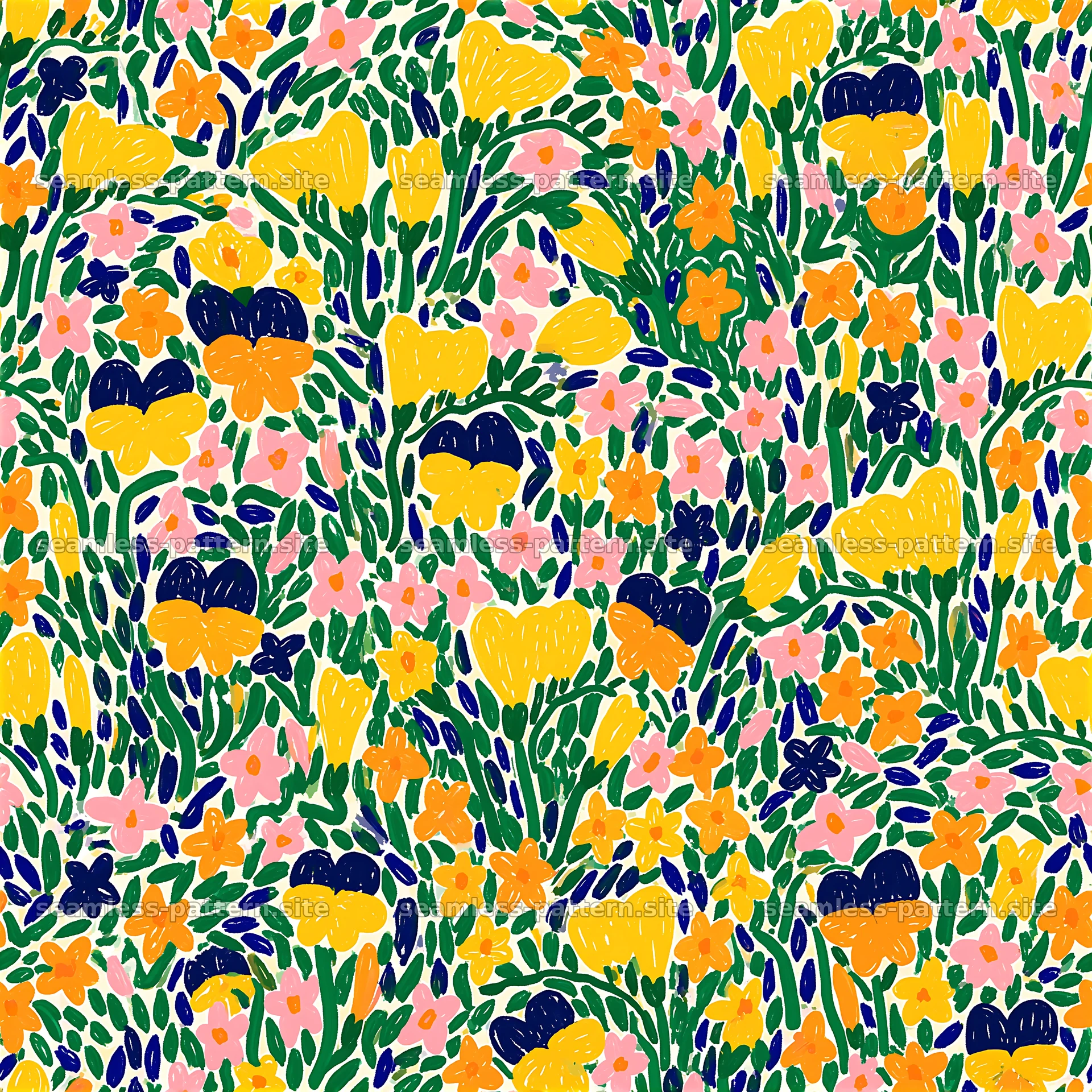 Colorful flowers form a vibrant seamless pattern with bold shapes — seamless tileable pattern at 8192x8192