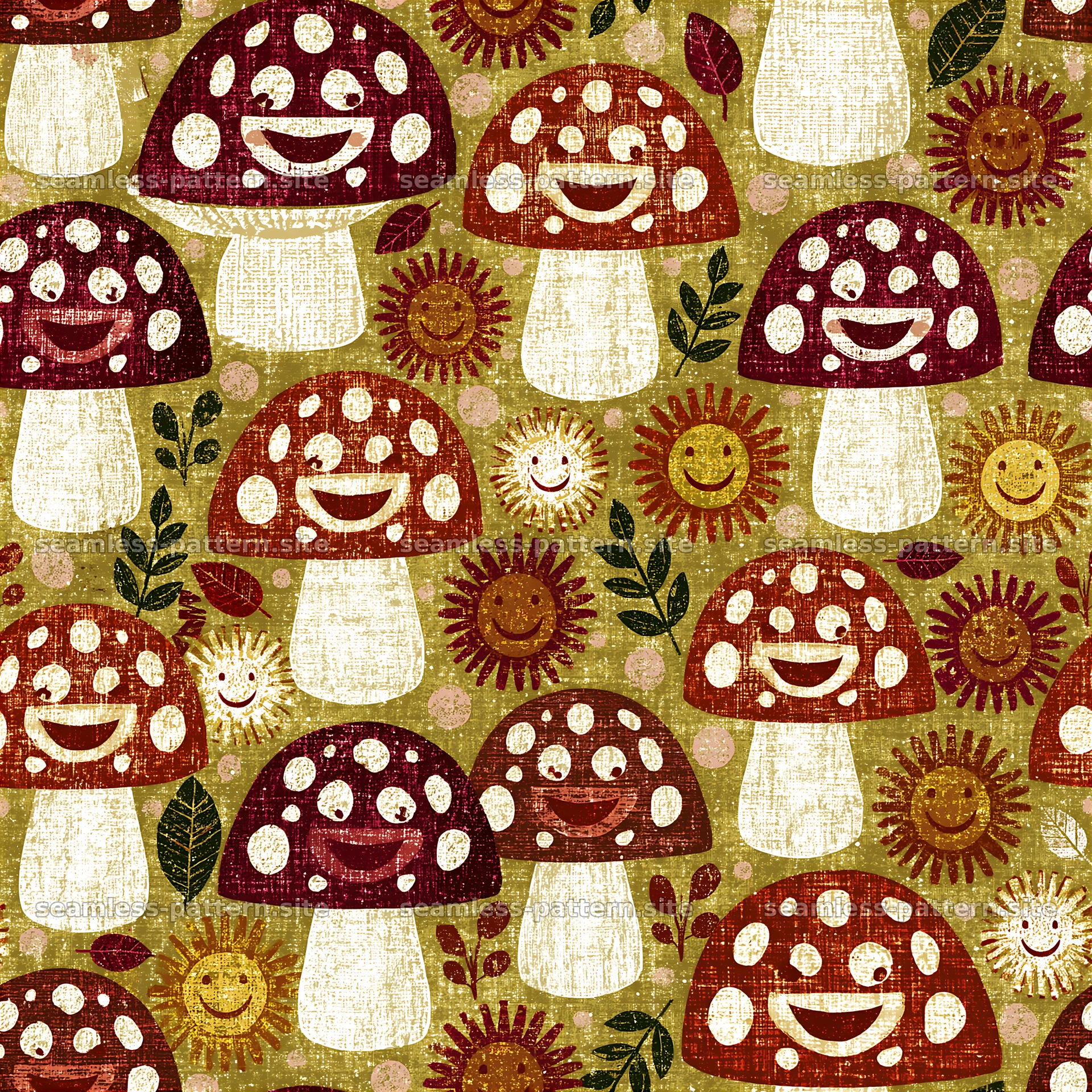 Bright mushroom and sun pattern perfect for kids' designs — seamless tileable pattern at 8192x8192