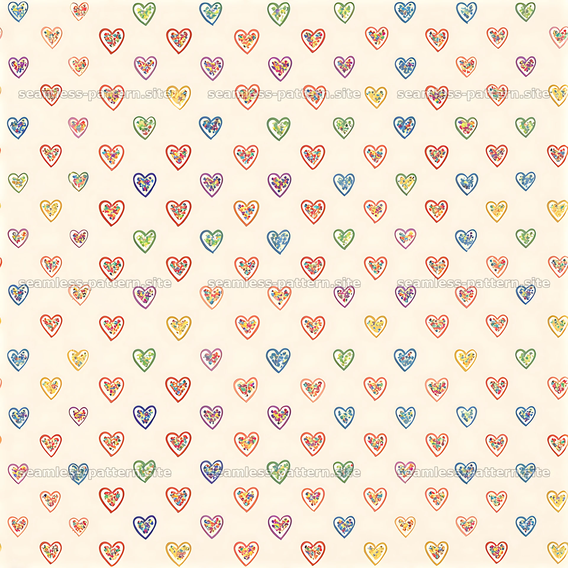Colorful heart seamless pattern on a light background with varied sizes — seamless tileable pattern at 8192x8192