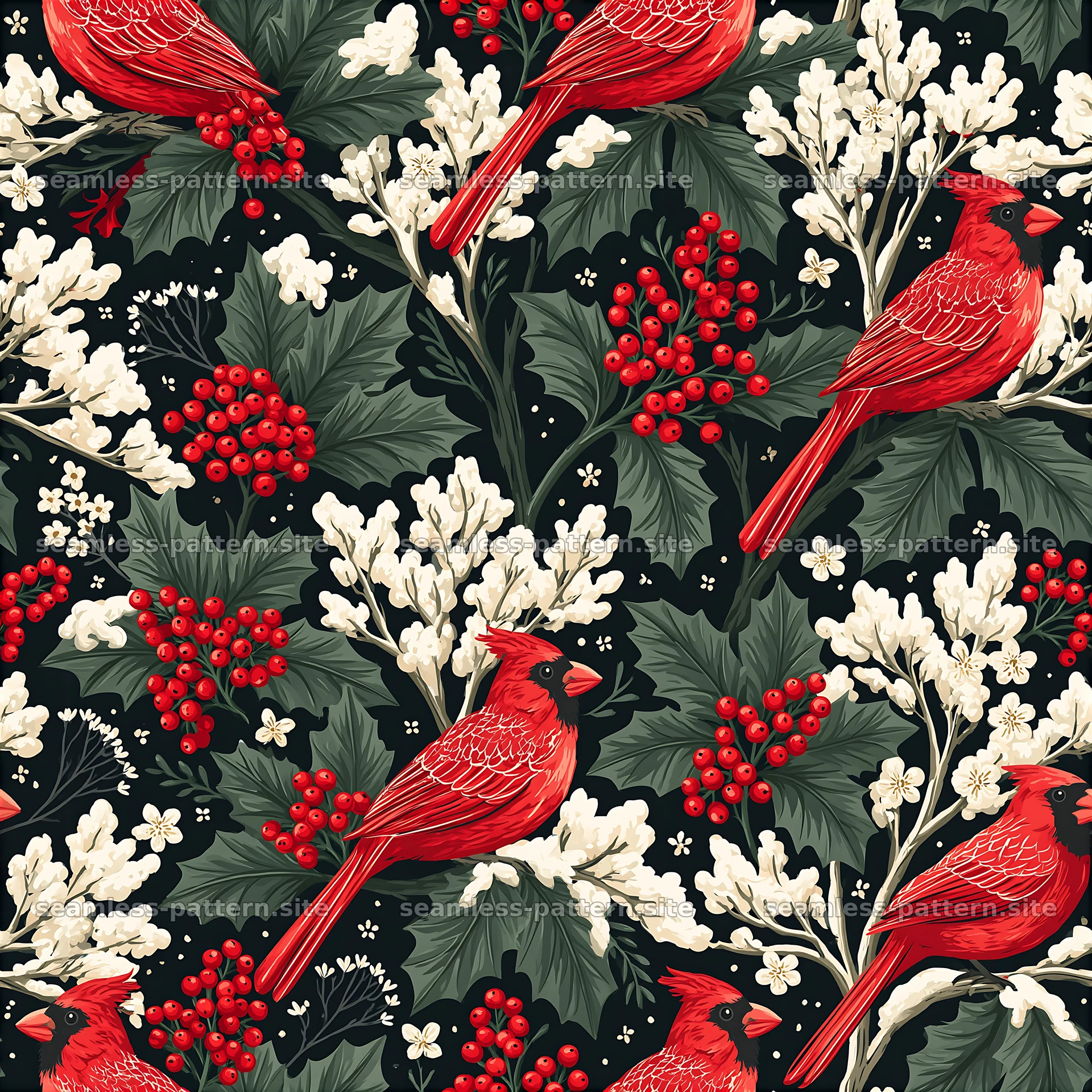 Seamless holiday fabric pattern with cardinals and winter foliage — seamless tileable pattern at 8192x8192