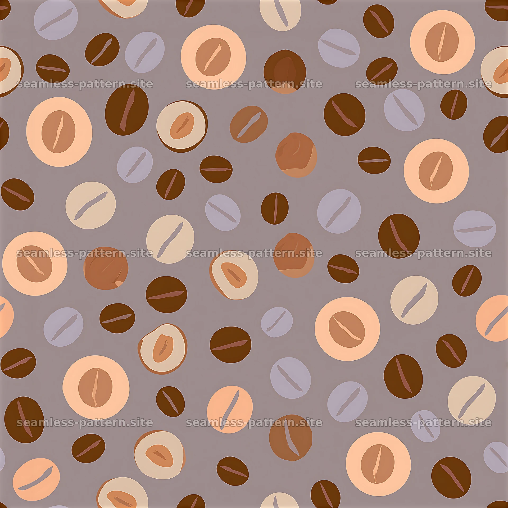 Seamless coffee beans and hazelnuts pattern with circular elements — seamless tileable pattern at 8192x8192