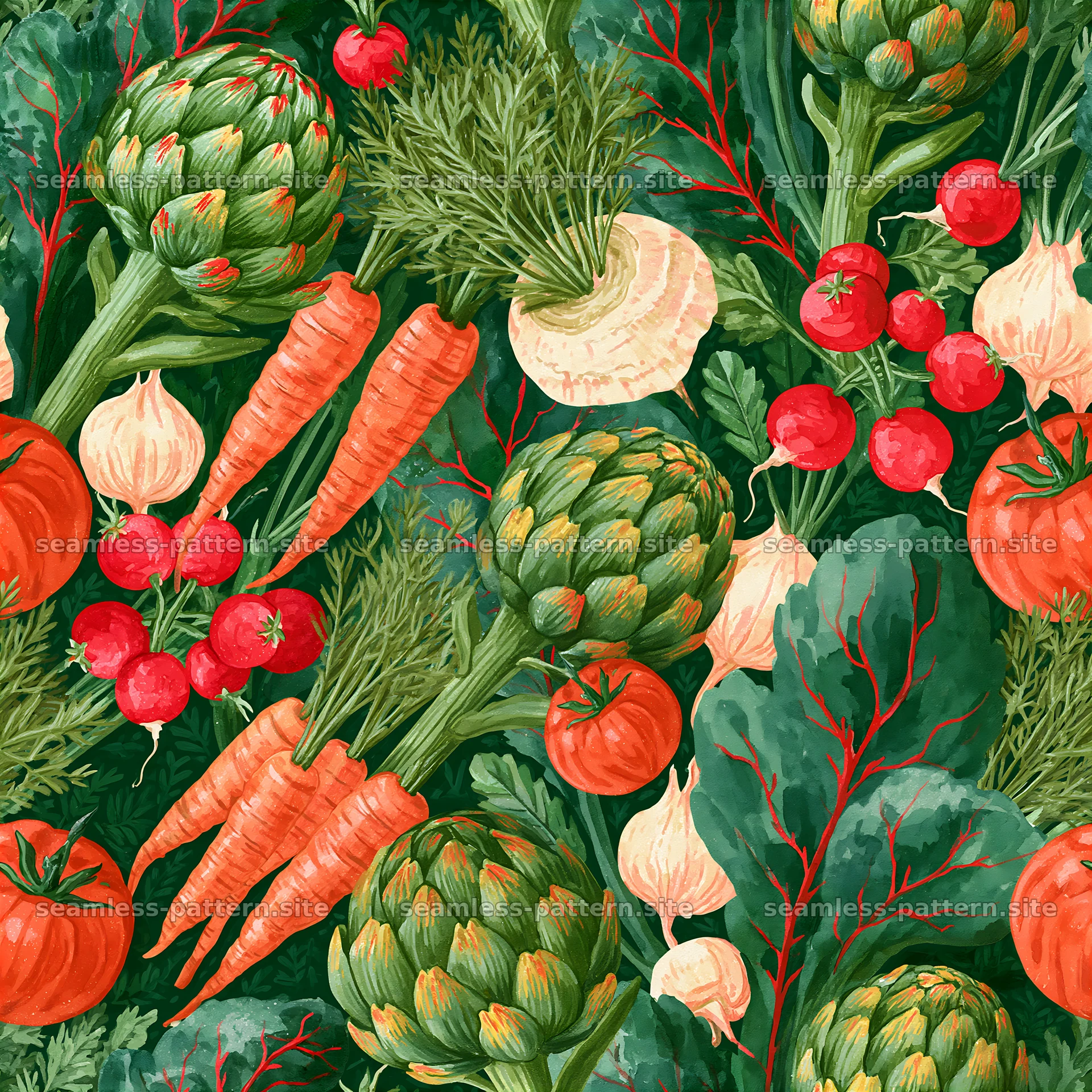 Colorful kitchen seamless pattern featuring vegetables and herbs — seamless tileable pattern at 8192x8192