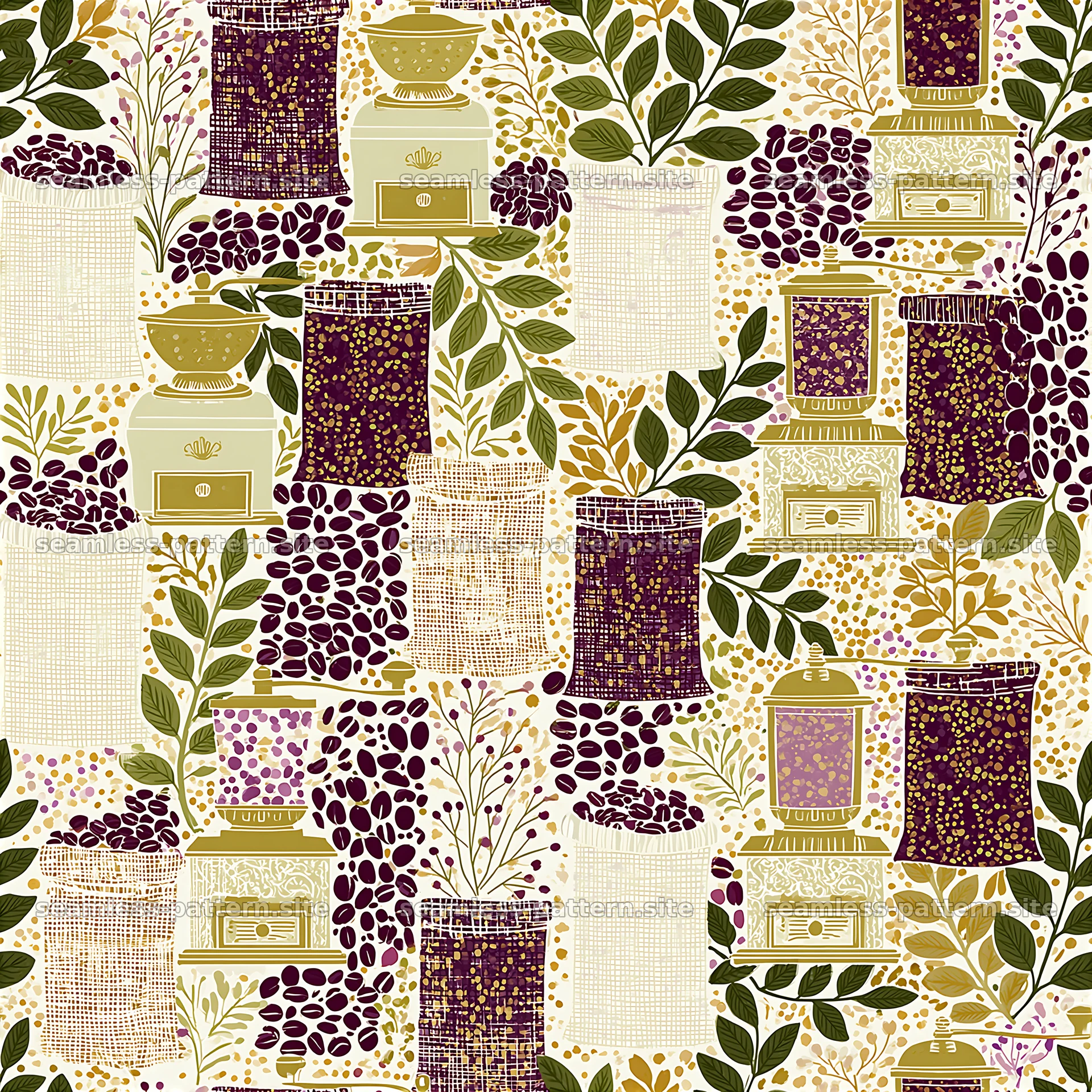 Vintage Coffee Beans and Canisters Seamless Pattern — seamless tileable pattern at 8192x8192