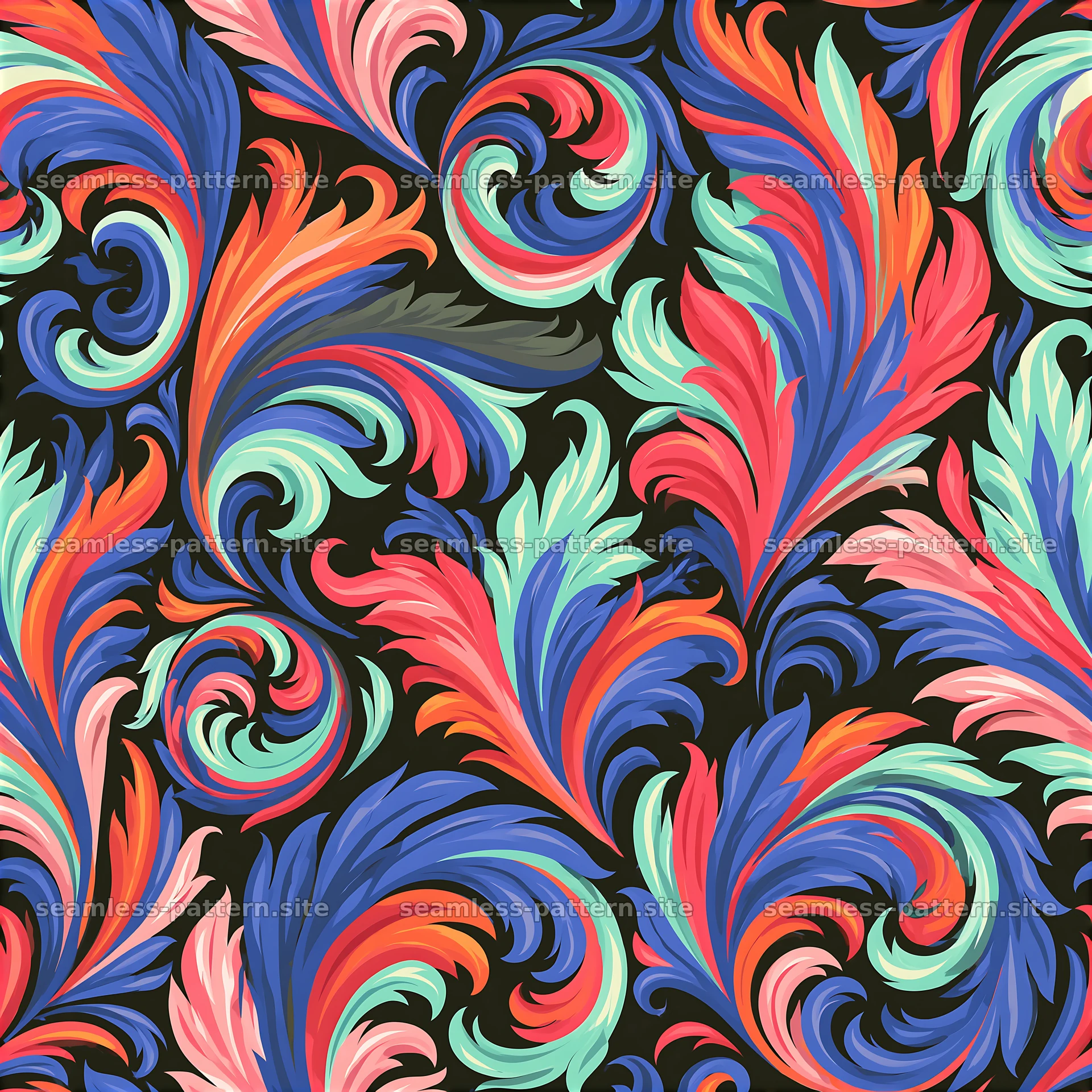 Colorful damask seamless pattern in swirling shapes and flowing lines — seamless tileable pattern at 8192x8192