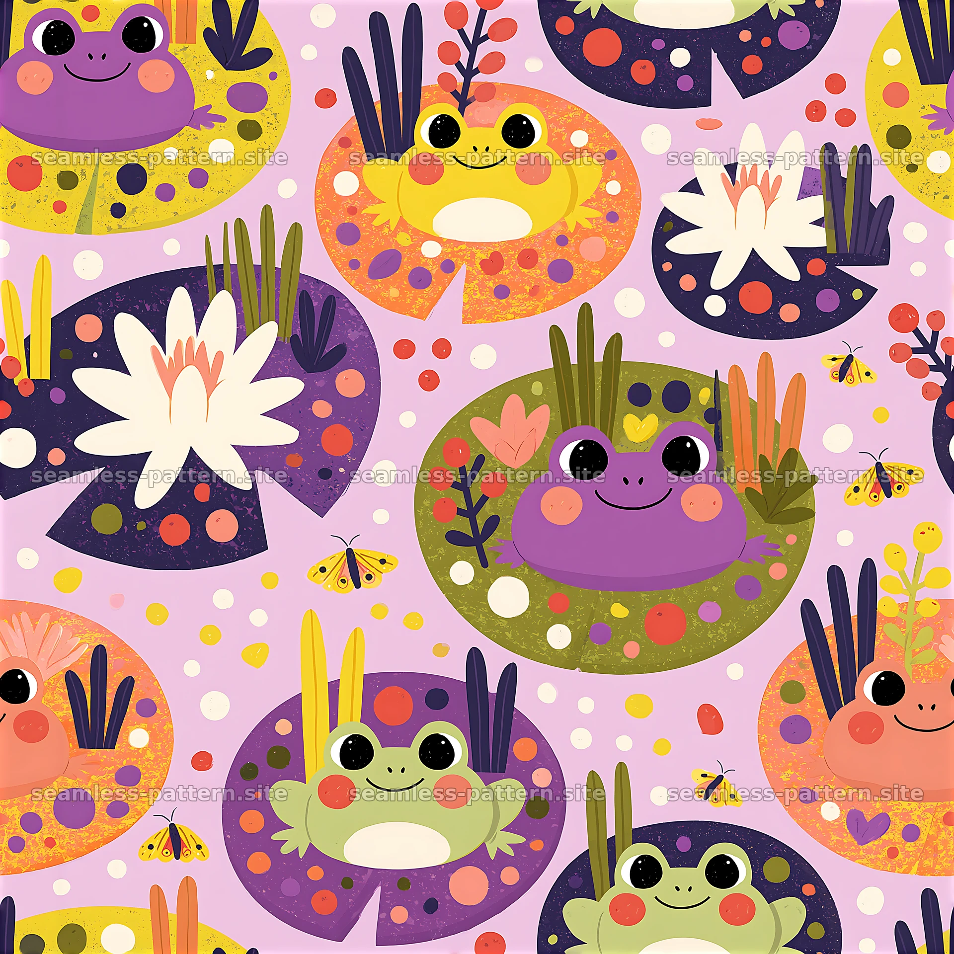 Colorful lily pads with frogs and flowers in a playful design — seamless tileable pattern at 8192x8192