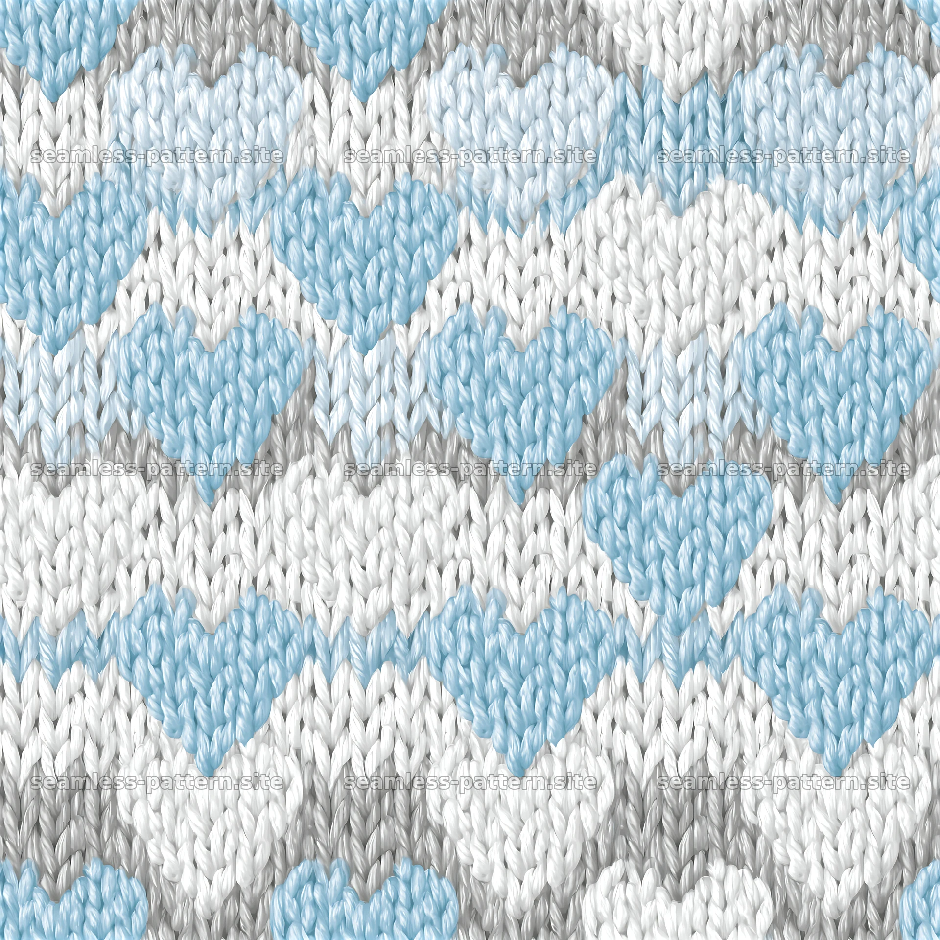 Light blue and gray heart knitted pattern on white background — seamless tileable pattern at 8192x8192