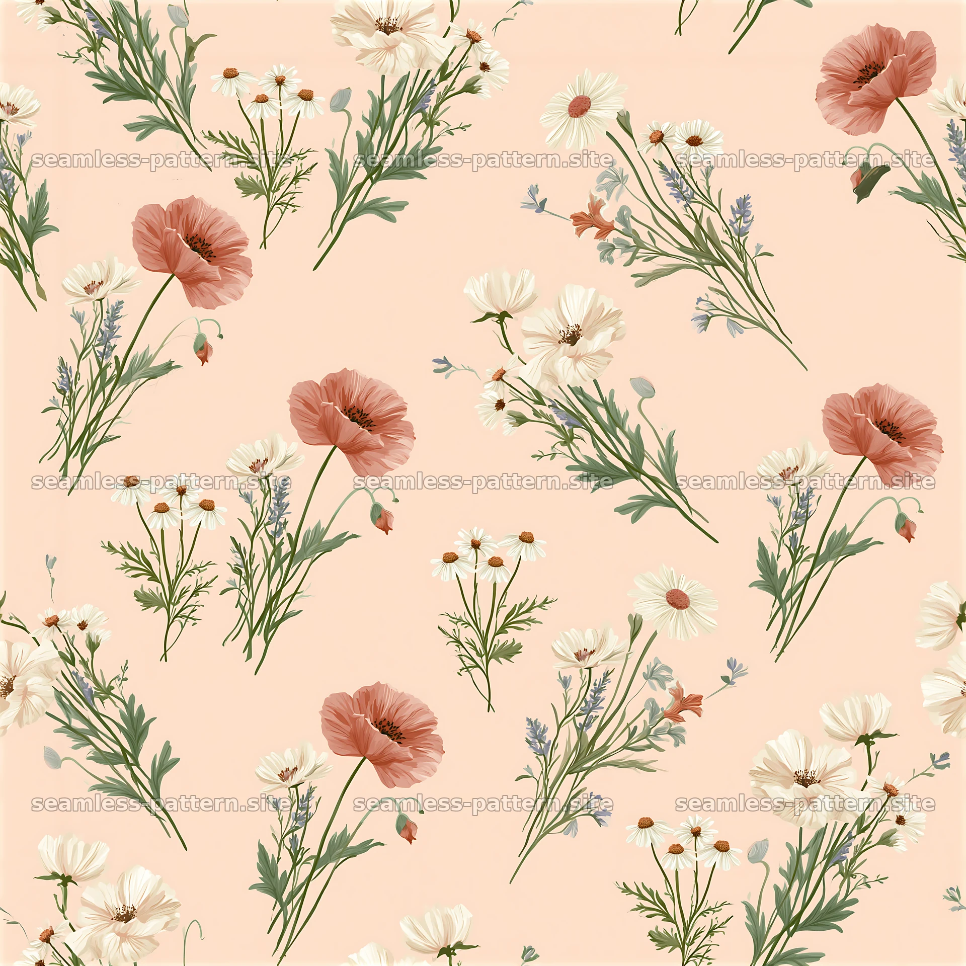 Summer flower seamless pattern with pink and white blooms — seamless tileable pattern at 8192x8192