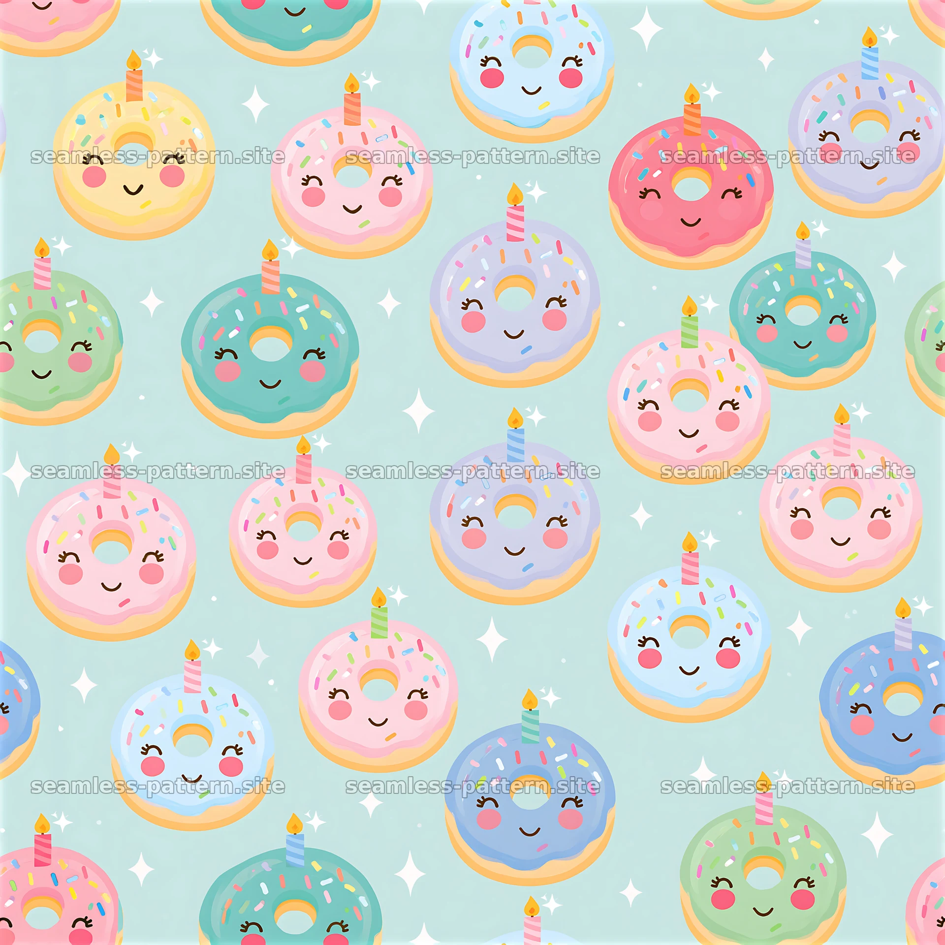 Birthday cute kawaii seamless pattern with colorful donuts and — seamless tileable pattern at 8192x8192