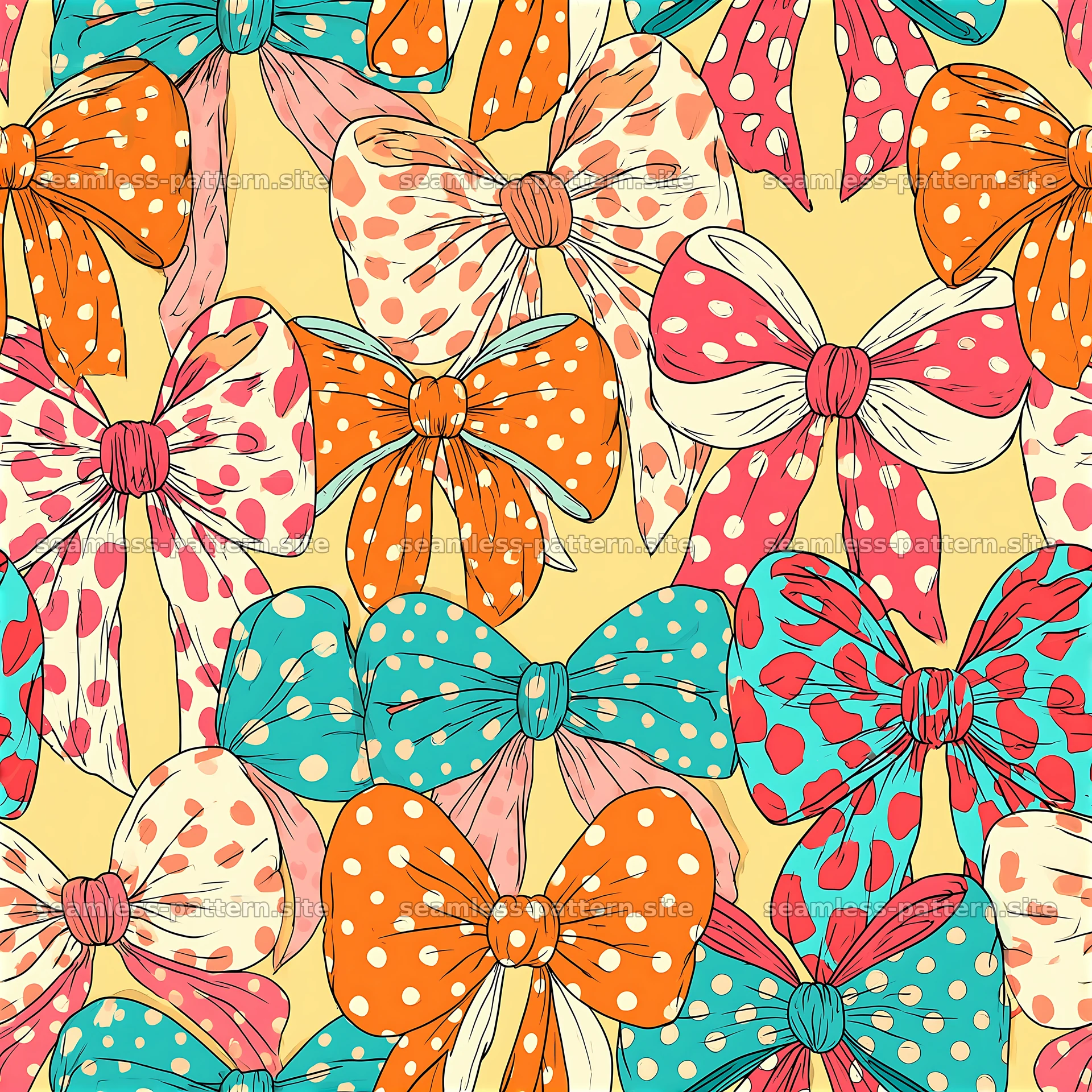 Cute bows and ribbons seamless pattern with colorful details — seamless tileable pattern at 8192x8192