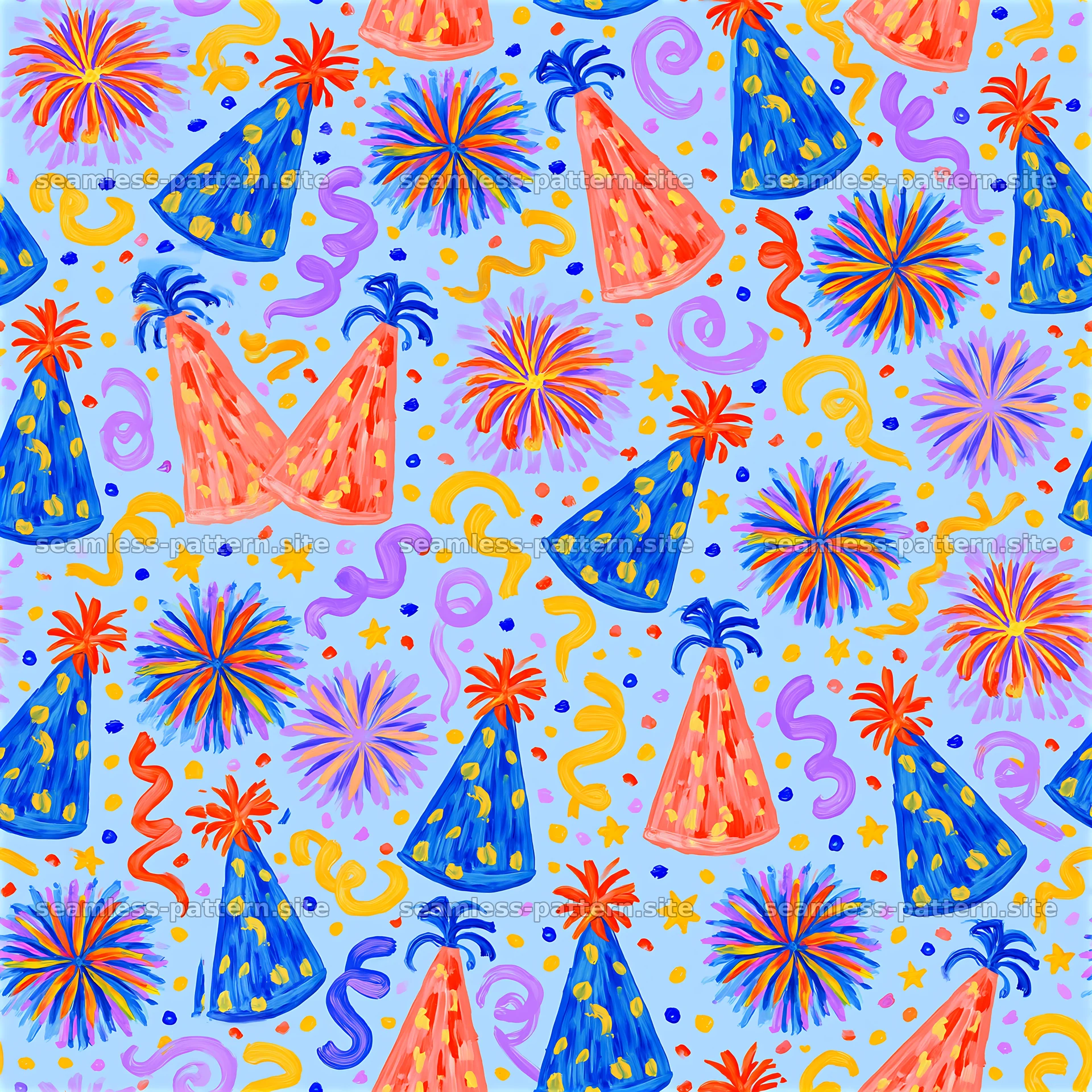 Hand-painted birthday party hat and fireworks seamless pattern — seamless tileable pattern at 8192x8192