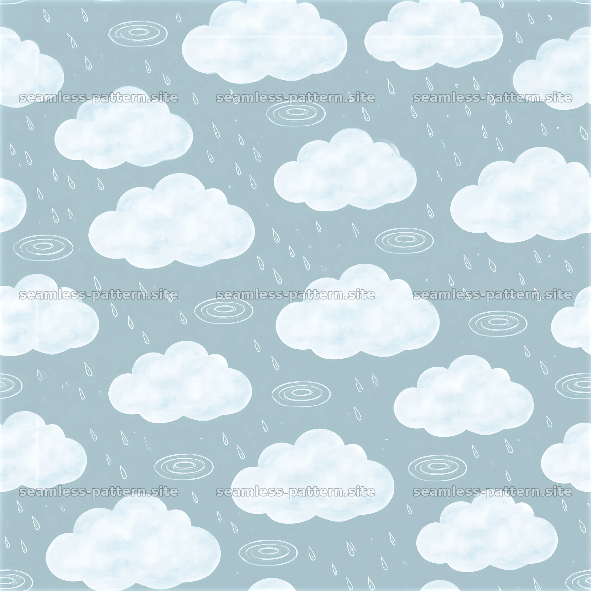 Cute clouds with rain in a seamless design on a light blue background — seamless tileable pattern at 8192x8192