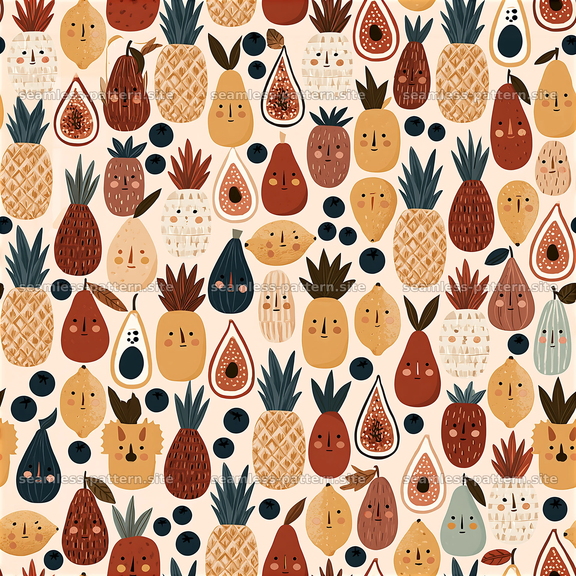 Colorful fruit faces seamless pattern for playful designs — seamless tileable pattern at 8192x8192