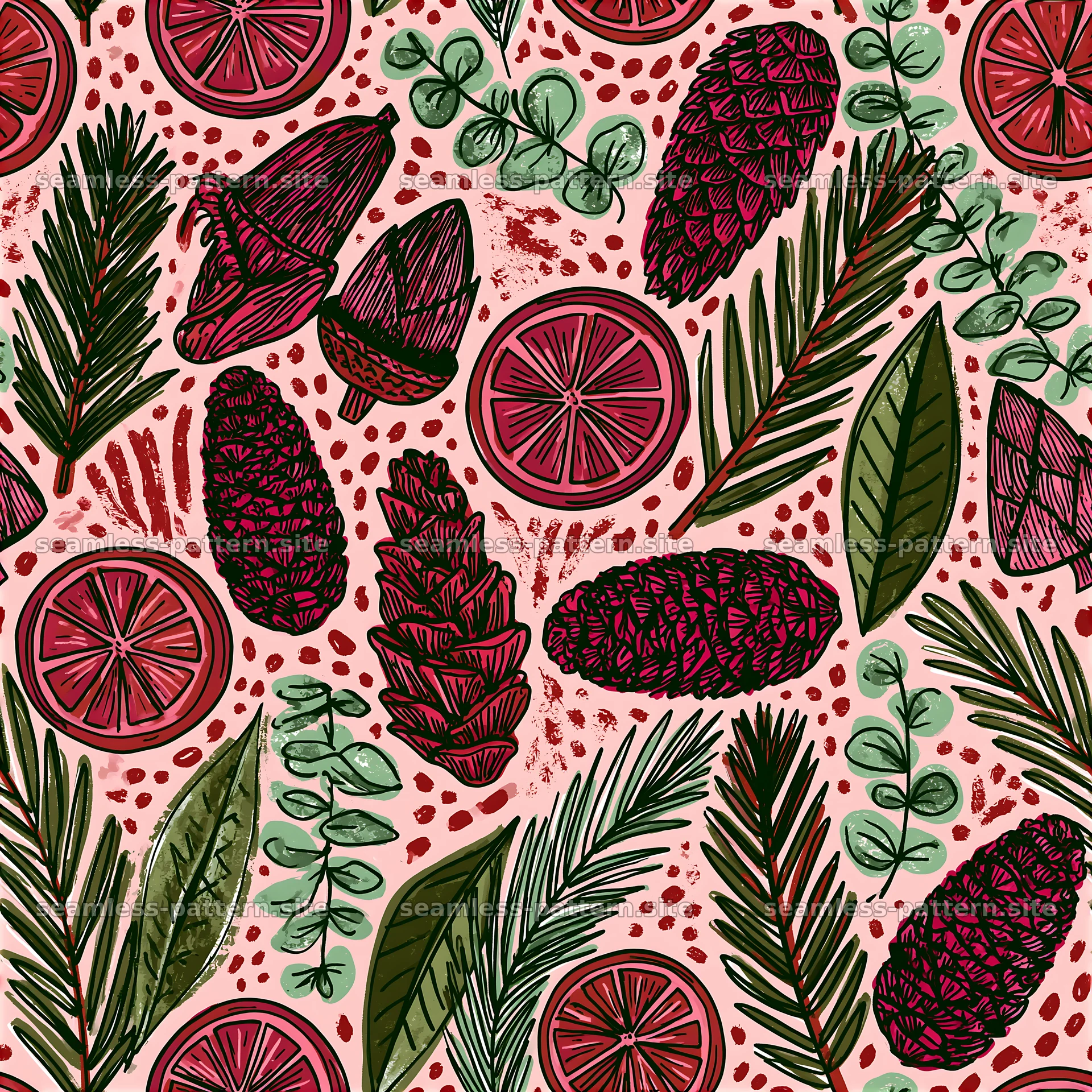 Seamless Christmas citrus and pine botanical pattern — seamless tileable pattern at 8192x8192