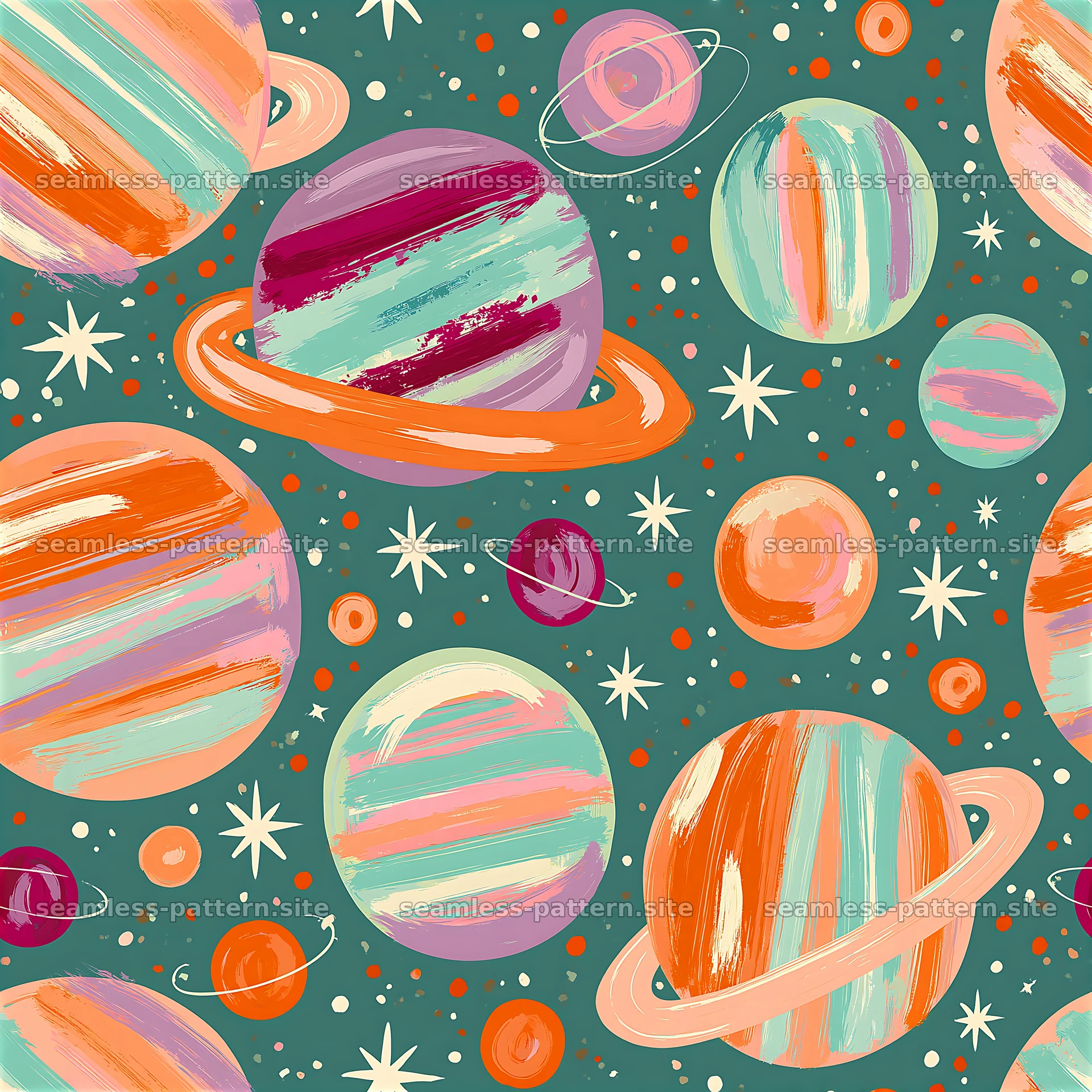 Colorful Planet Seamless Pattern with Rings and Stars — seamless tileable pattern at 8192x8192