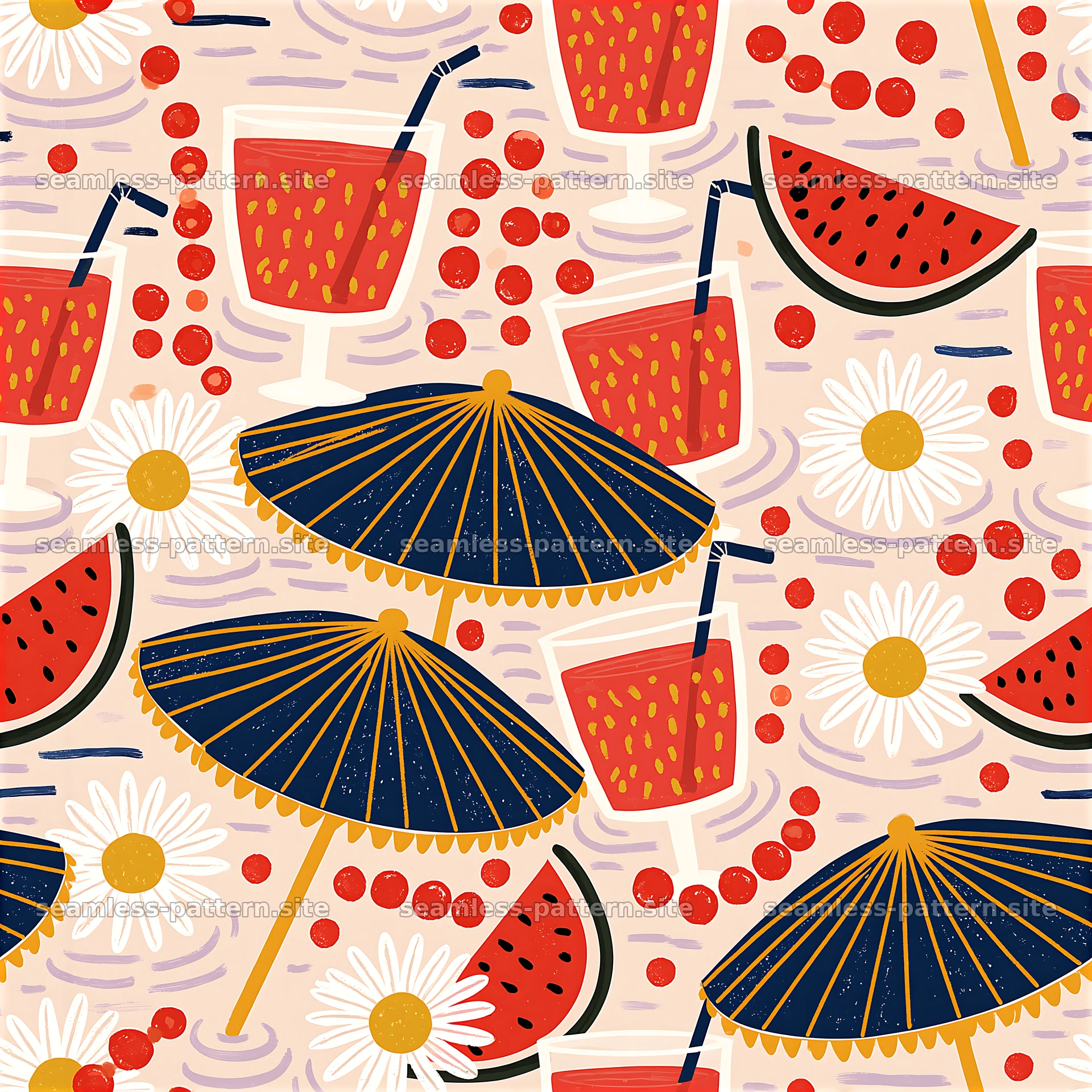 Colorful summer seamless pattern with drinks, fruit, and umbrellas — seamless tileable pattern at 8192x8192