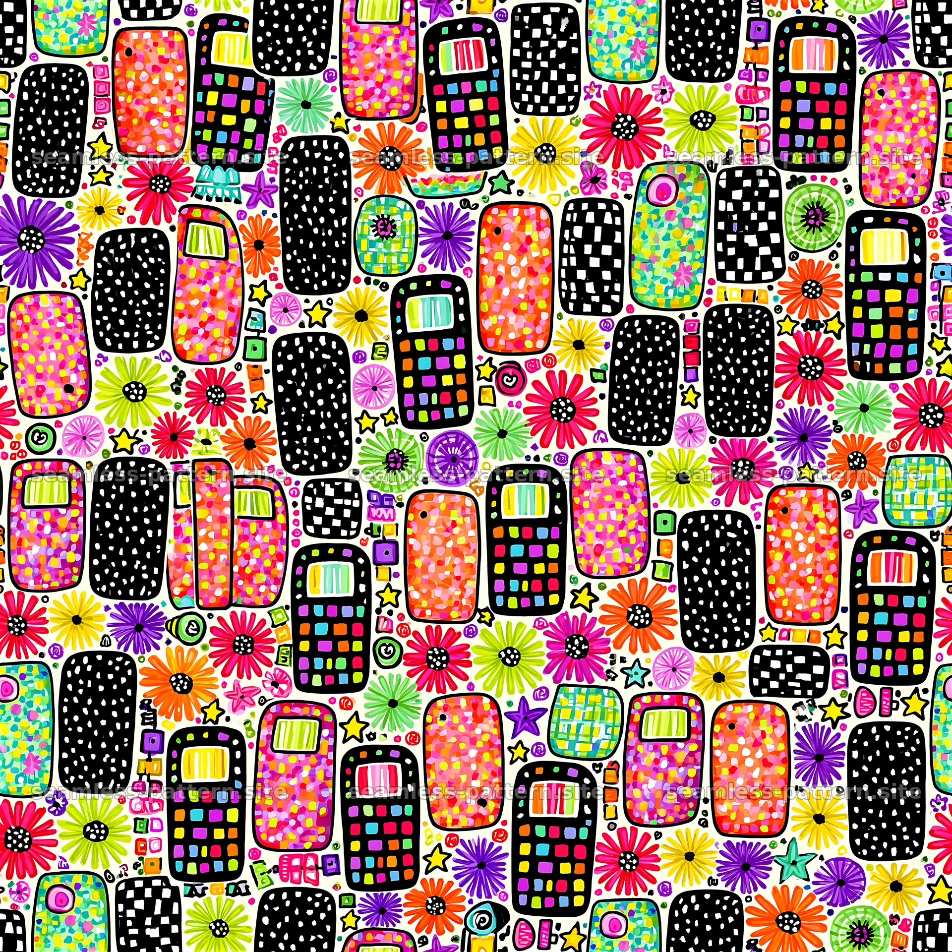 Colorful Retro Cell Phone and Flower Seamless Pattern — seamless tileable pattern at 8192x8192