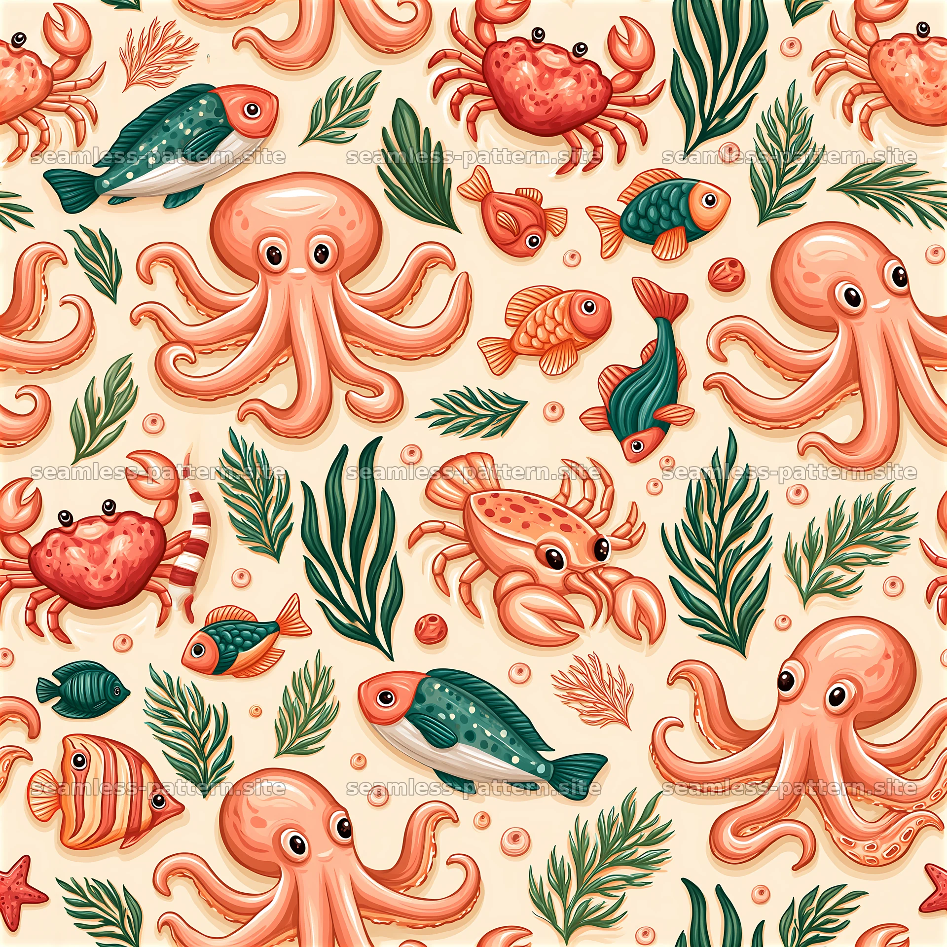 Cute Ocean Animals Seamless Pattern with Fish and Octopuses — seamless tileable pattern at 8192x8192