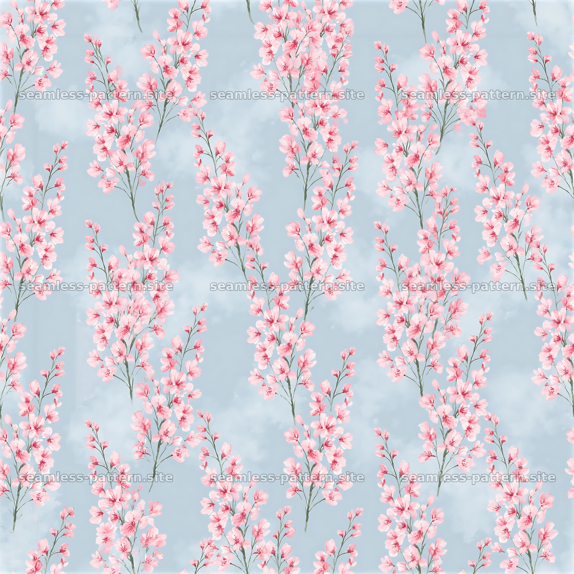 Seamless watercolor cherry blossom pattern on light blue background — seamless tileable pattern at 8192x8192