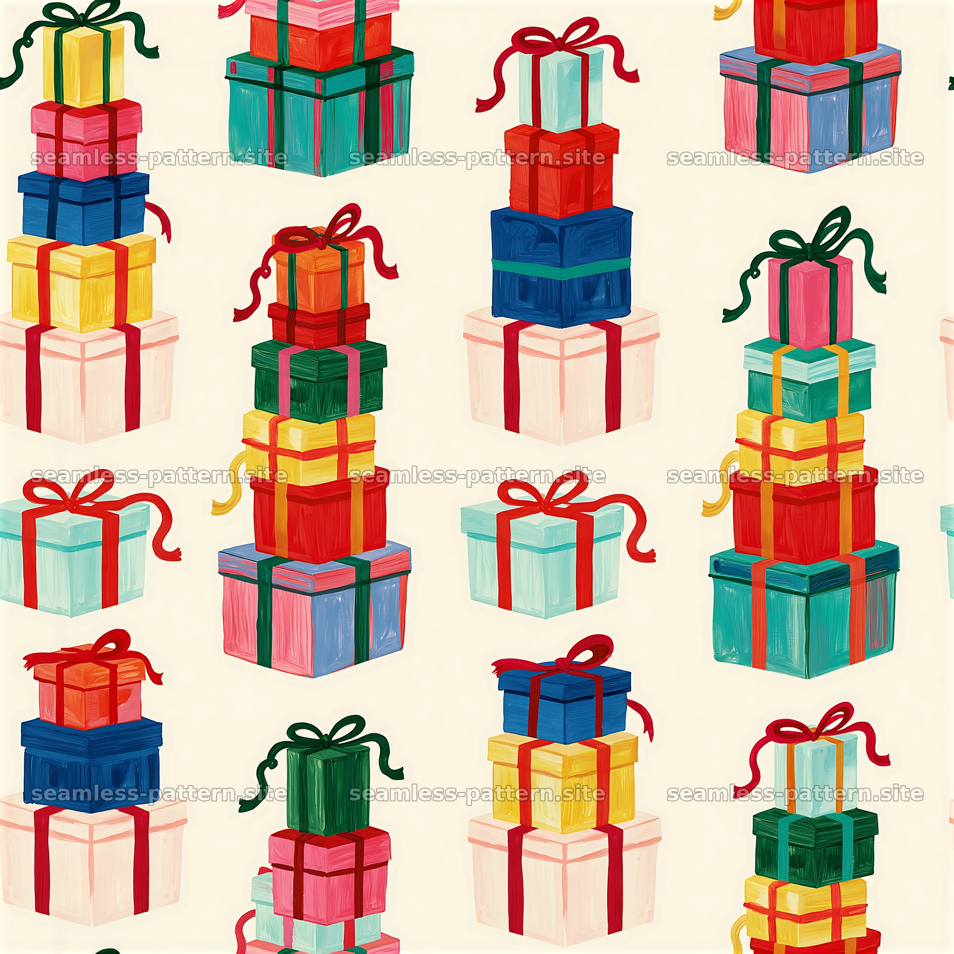 Repeat pattern with colorful present stacks on a light background — seamless tileable pattern at 8192x8192