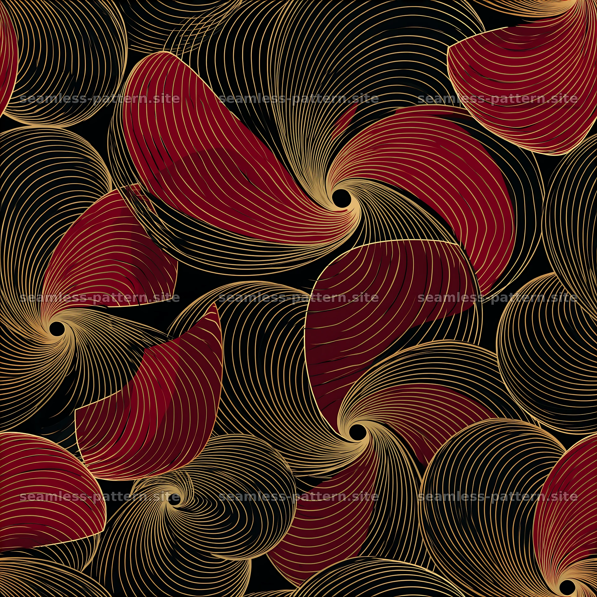 Petal swirl black red gold repeat pattern creates an elegant look — seamless tileable pattern at 8192x8192