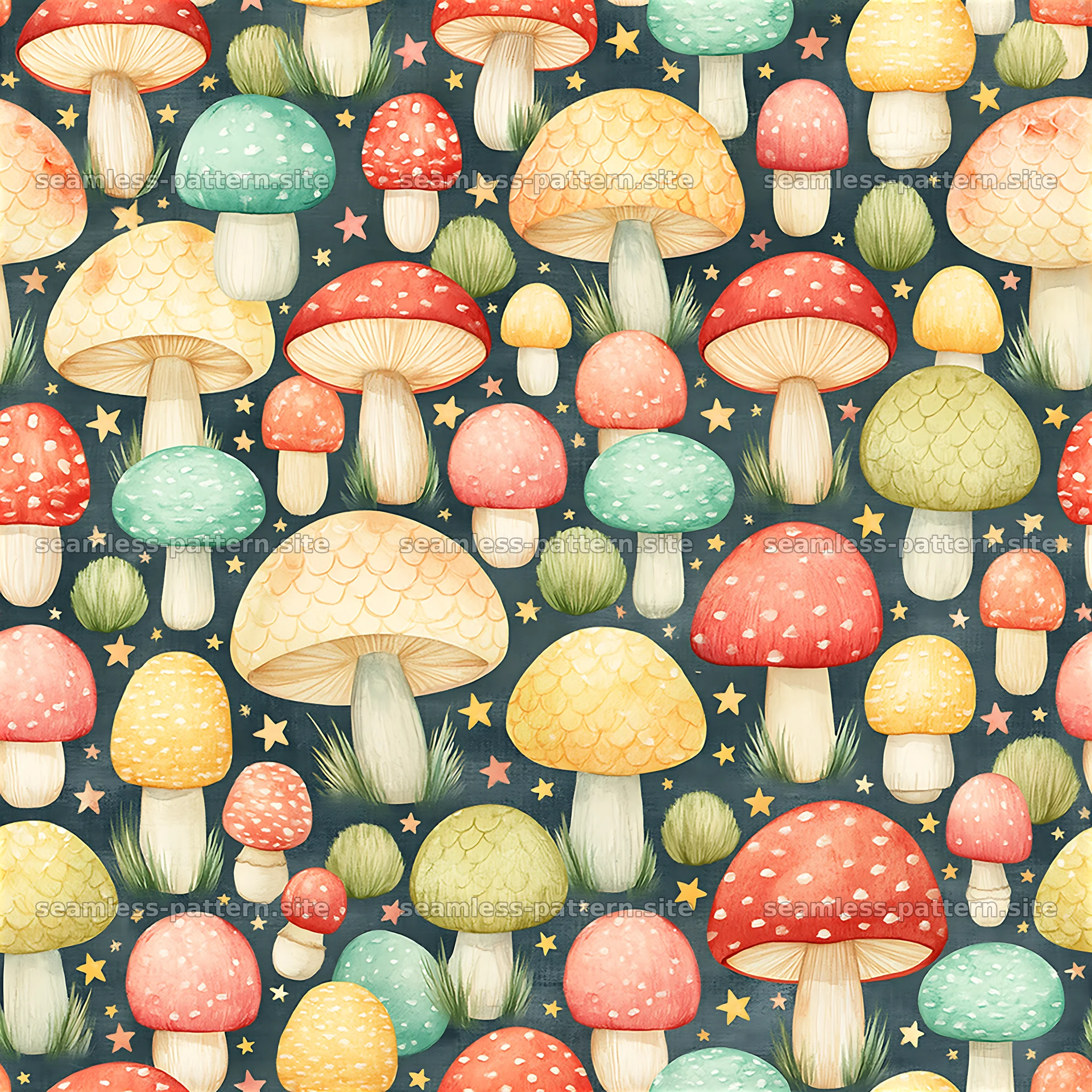 Funky Retro Mushroom and Star Seamless Pattern — seamless tileable pattern at 8192x8192