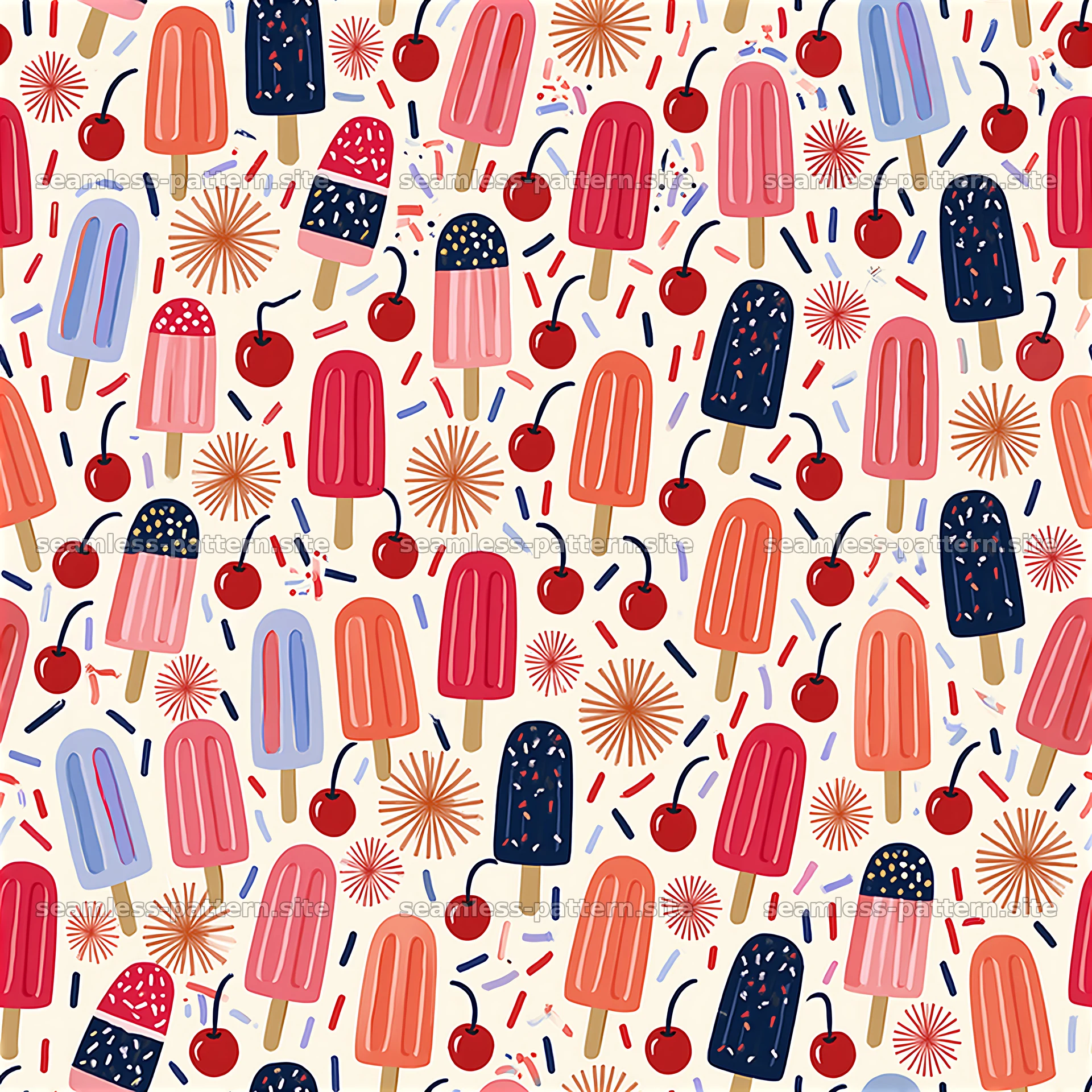 Colorful Ice Cream Popsicle and Cherry Seamless Pattern — seamless tileable pattern at 8192x8192
