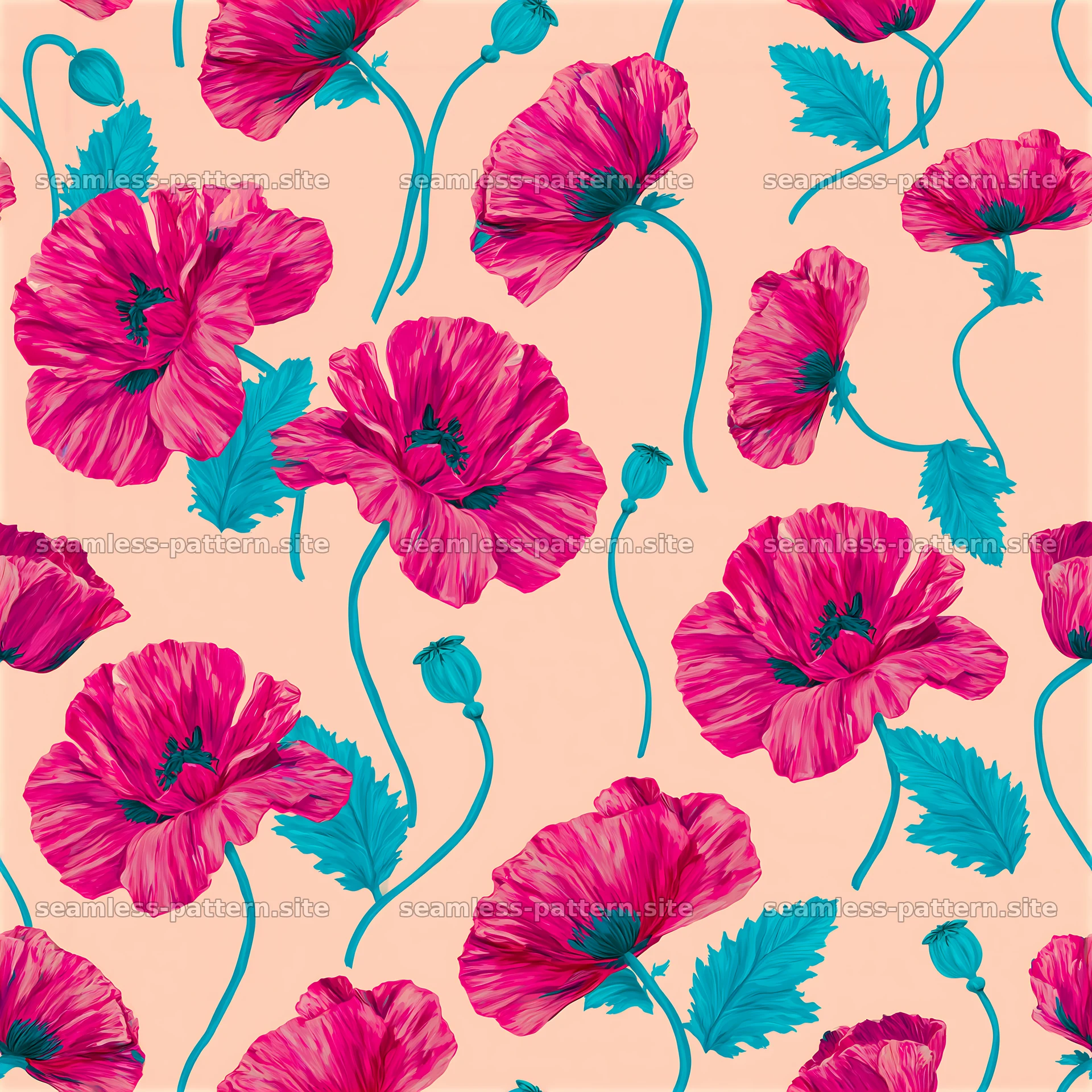 Poppy repeat pattern in vibrant colors with floral elements — seamless tileable pattern at 8192x8192