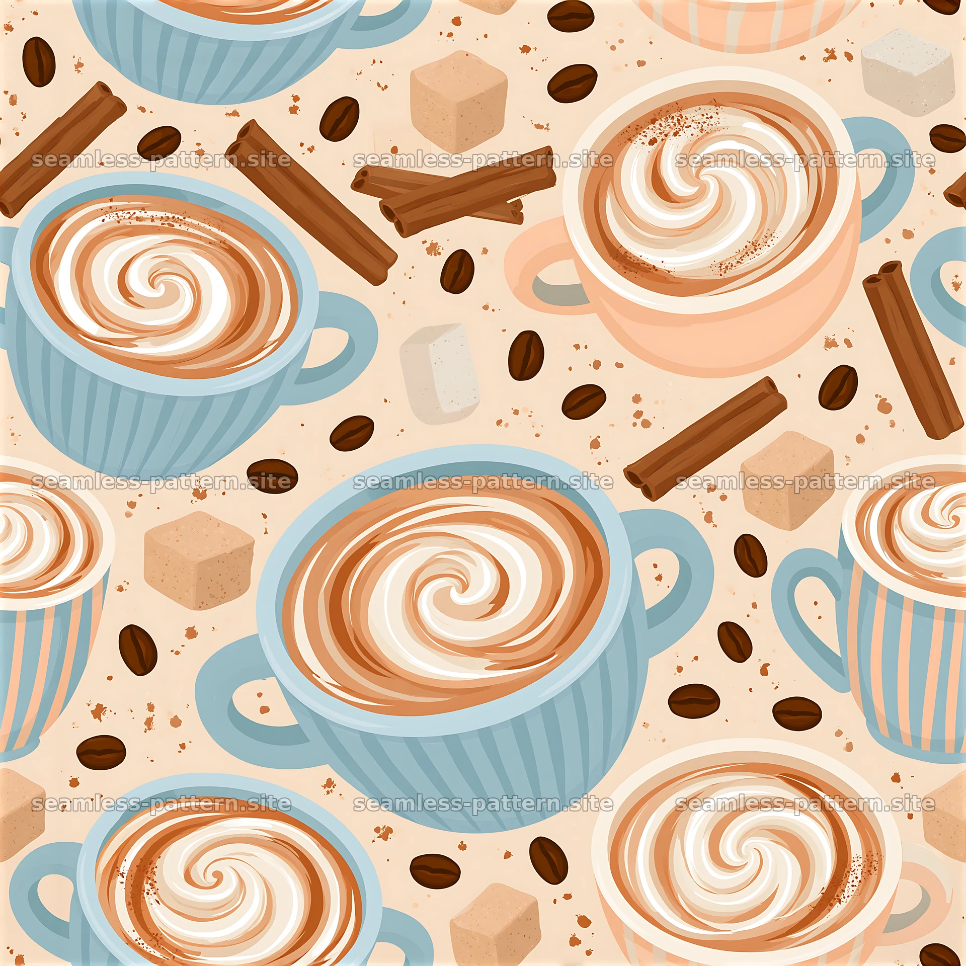 Pastel Coffee Cup and Cinnamon Seamless Pattern — seamless tileable pattern at 8192x8192