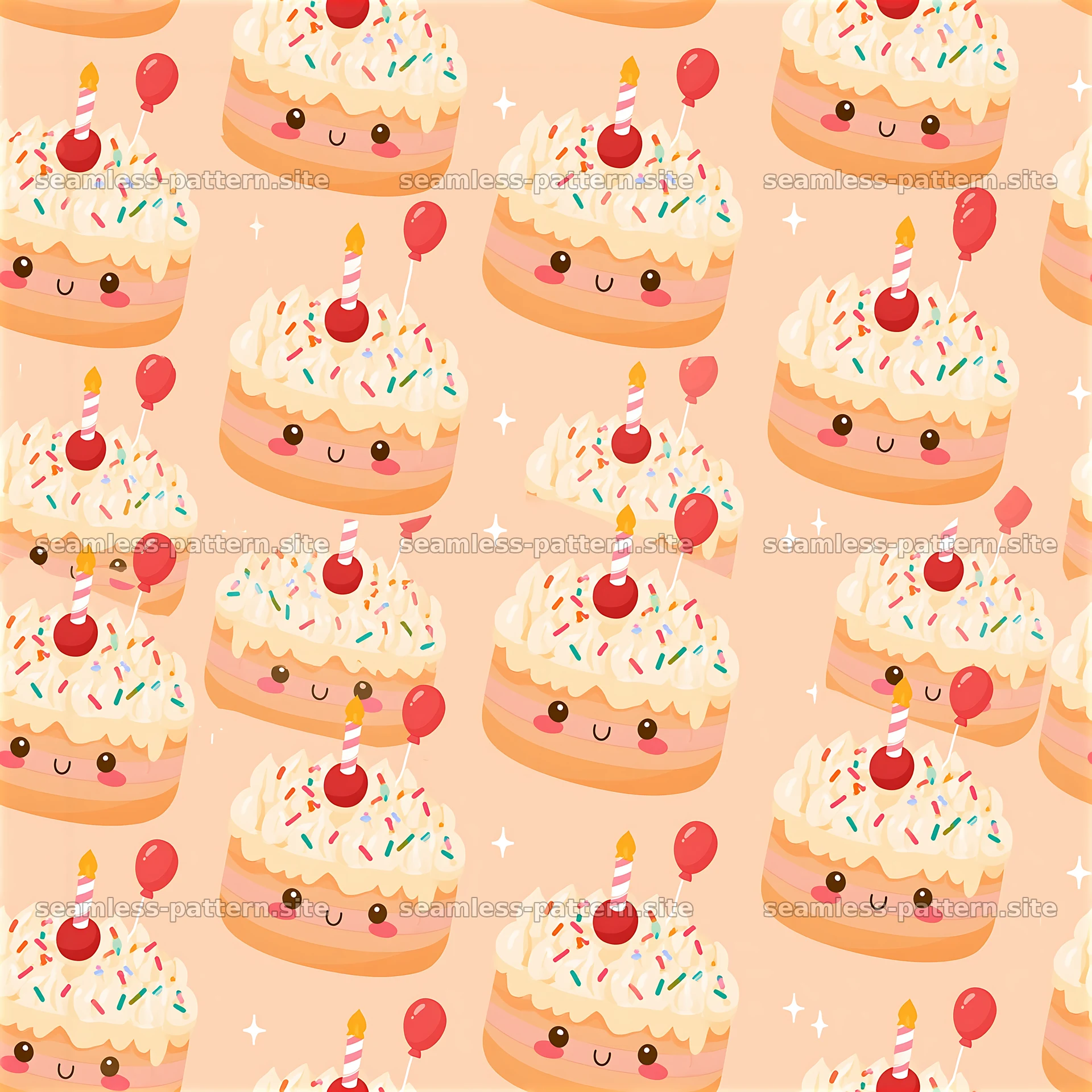 Cute cakes with sprinkles and balloons in a seamless pattern design — seamless tileable pattern at 8192x8192