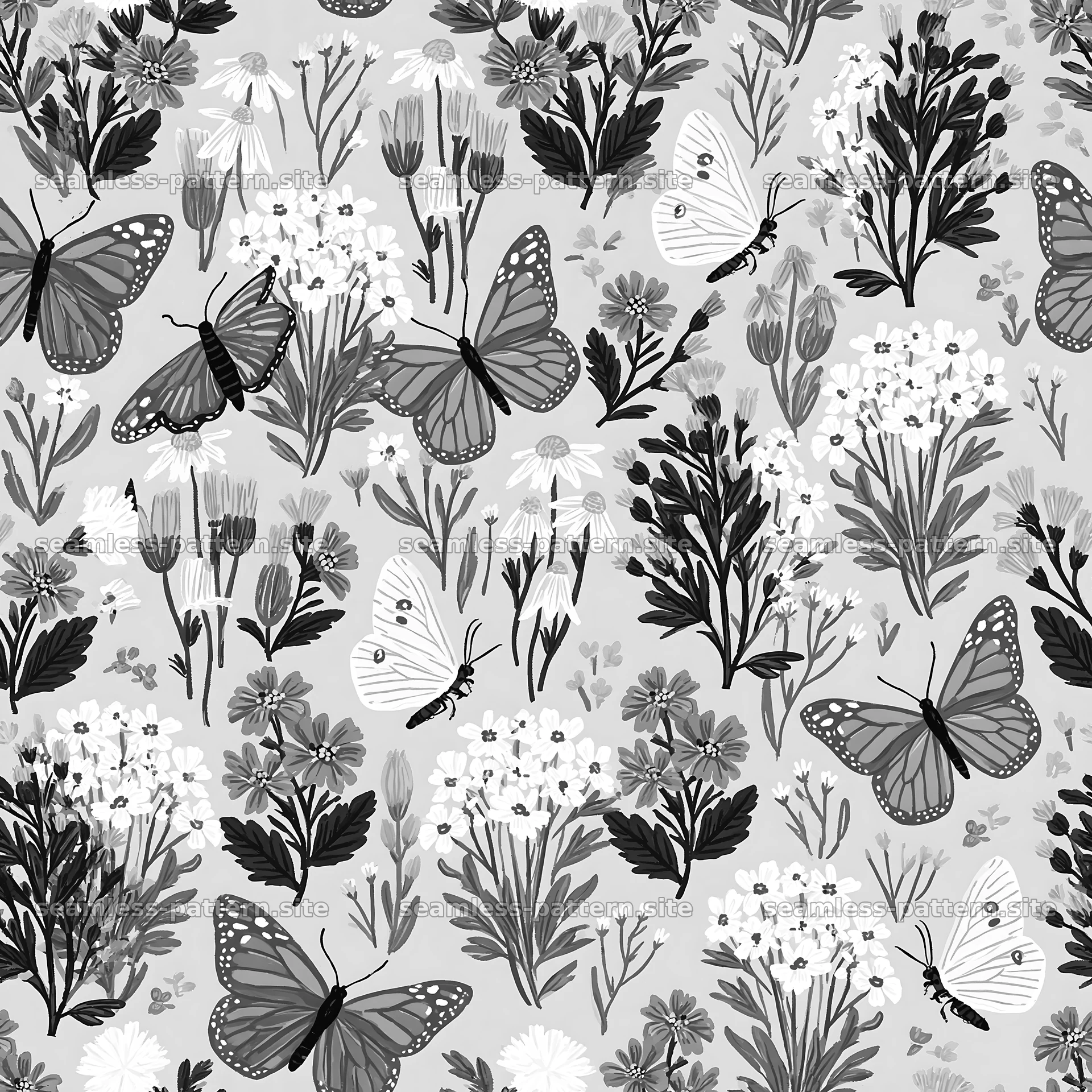 Butterfly and wildflower seamless pattern in black and white — seamless tileable pattern