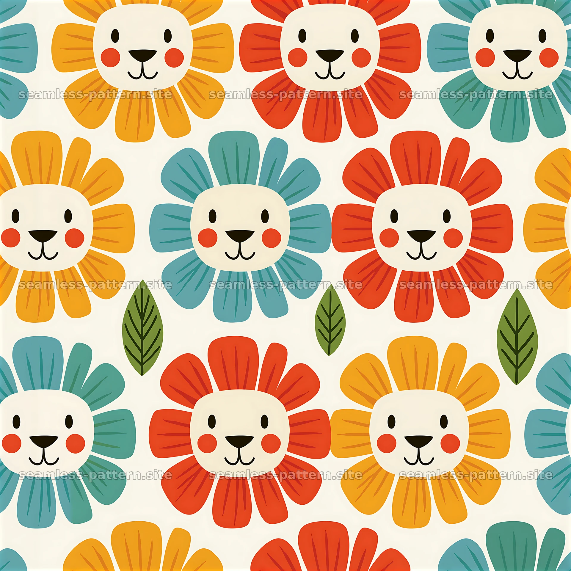 Modern lion face repeating pattern with colorful flowers — seamless tileable pattern at 8192x8192