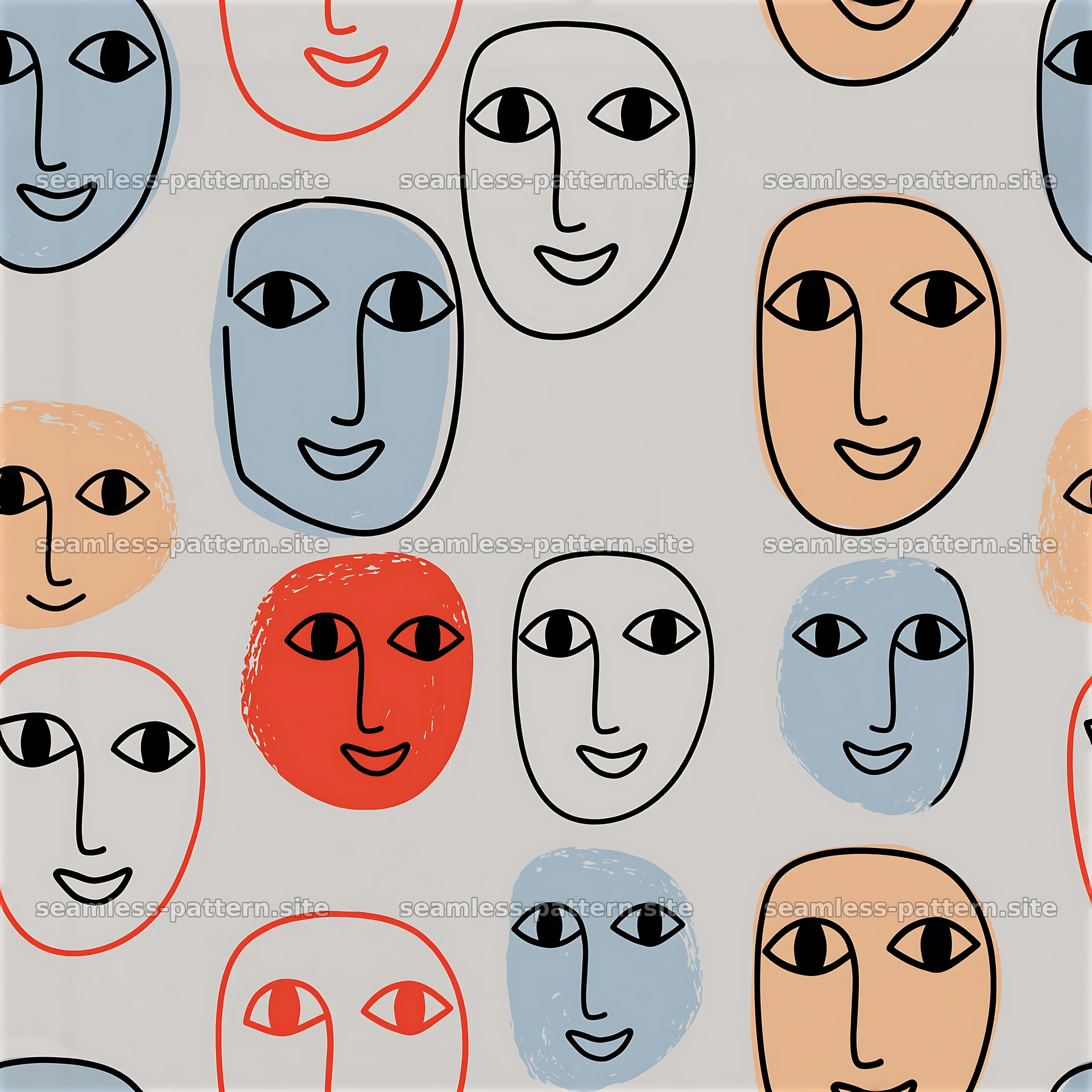 Playful abstract faces in a colorful seamless pattern — seamless tileable pattern at 8192x8192